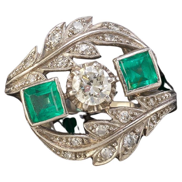 Art Deco Three Stone Emerald, Diamond Ring in Platinum For Sale