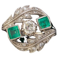Art Deco Three Stone Emerald, Diamond Ring in Platinum