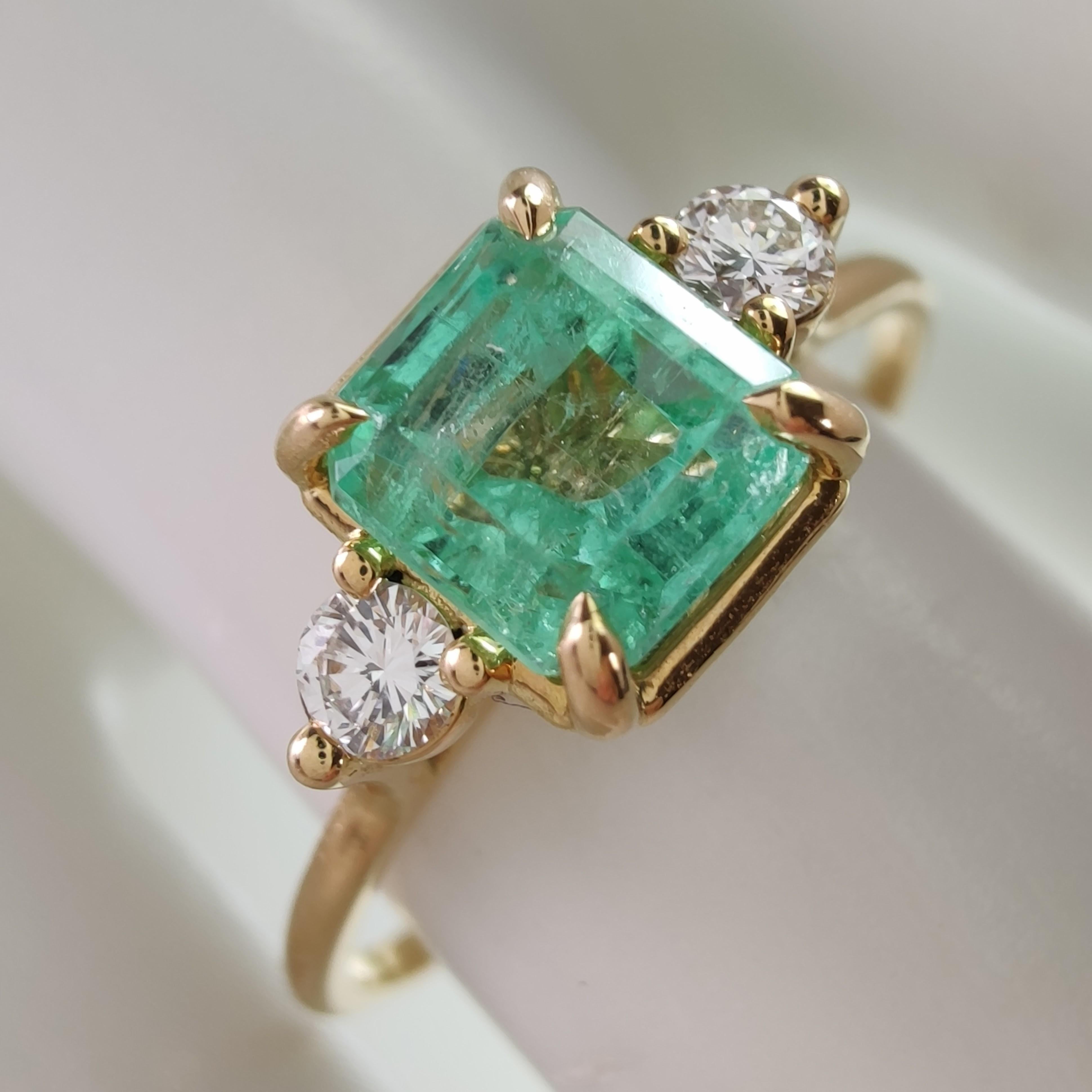 Emerald Cut Three-Stone Emerald Ring 18K Gold: Diamonds & Emerald, Perfect Engagement Gift For Sale