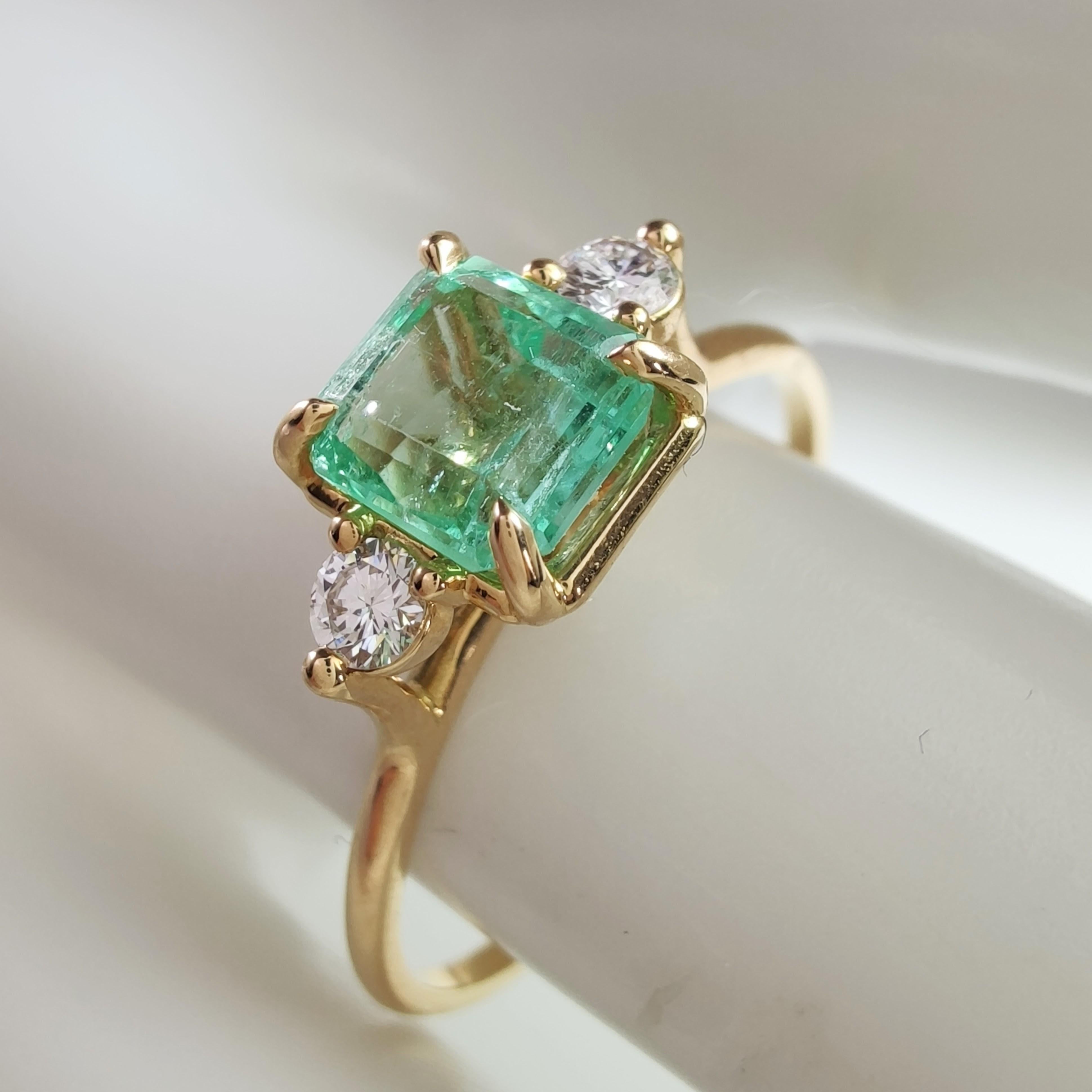 Women's Three-Stone Emerald Ring 18K Gold: Diamonds & Emerald, Perfect Engagement Gift For Sale