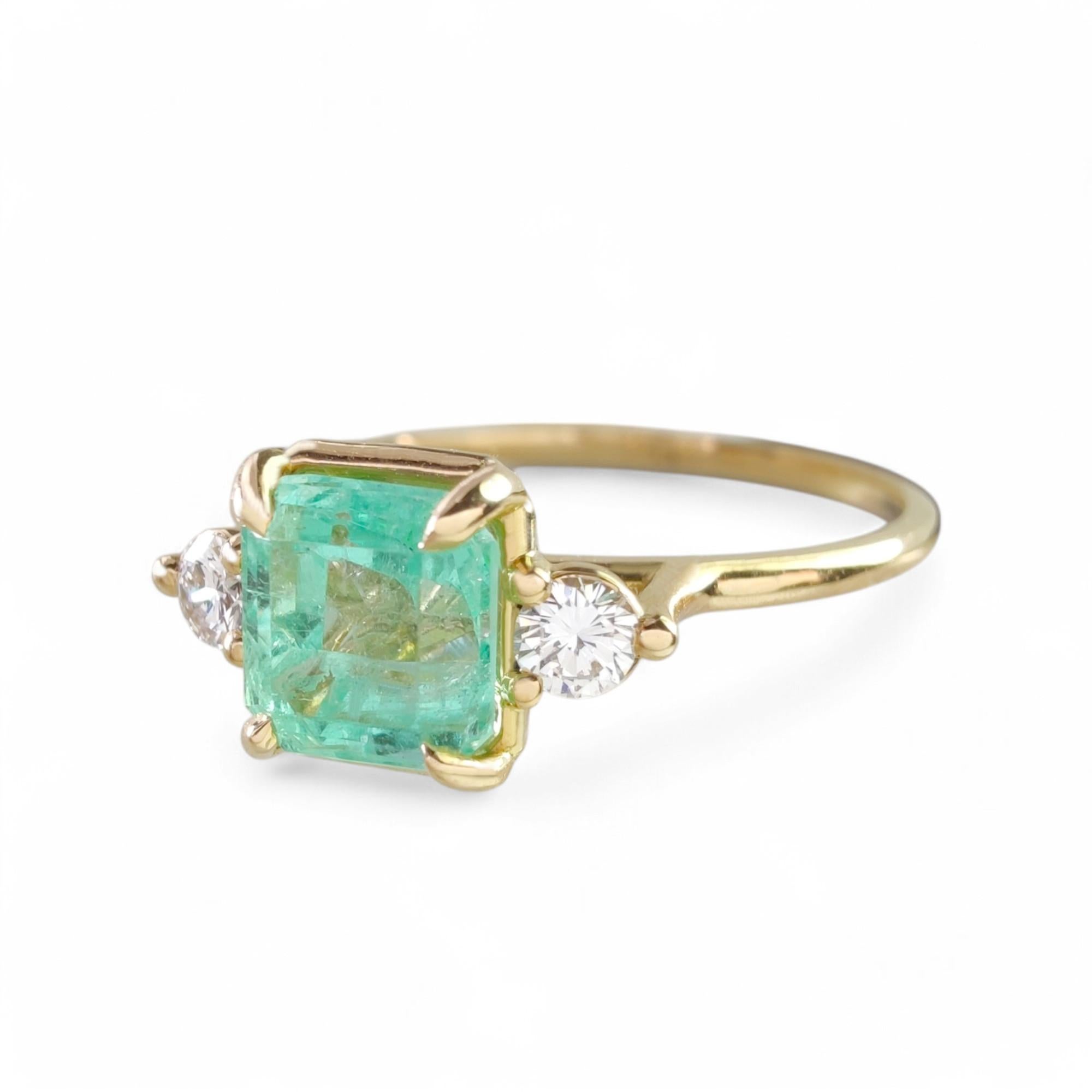 Three-Stone Emerald Ring 18K Gold: Diamonds & Emerald, Perfect Engagement Gift For Sale 2