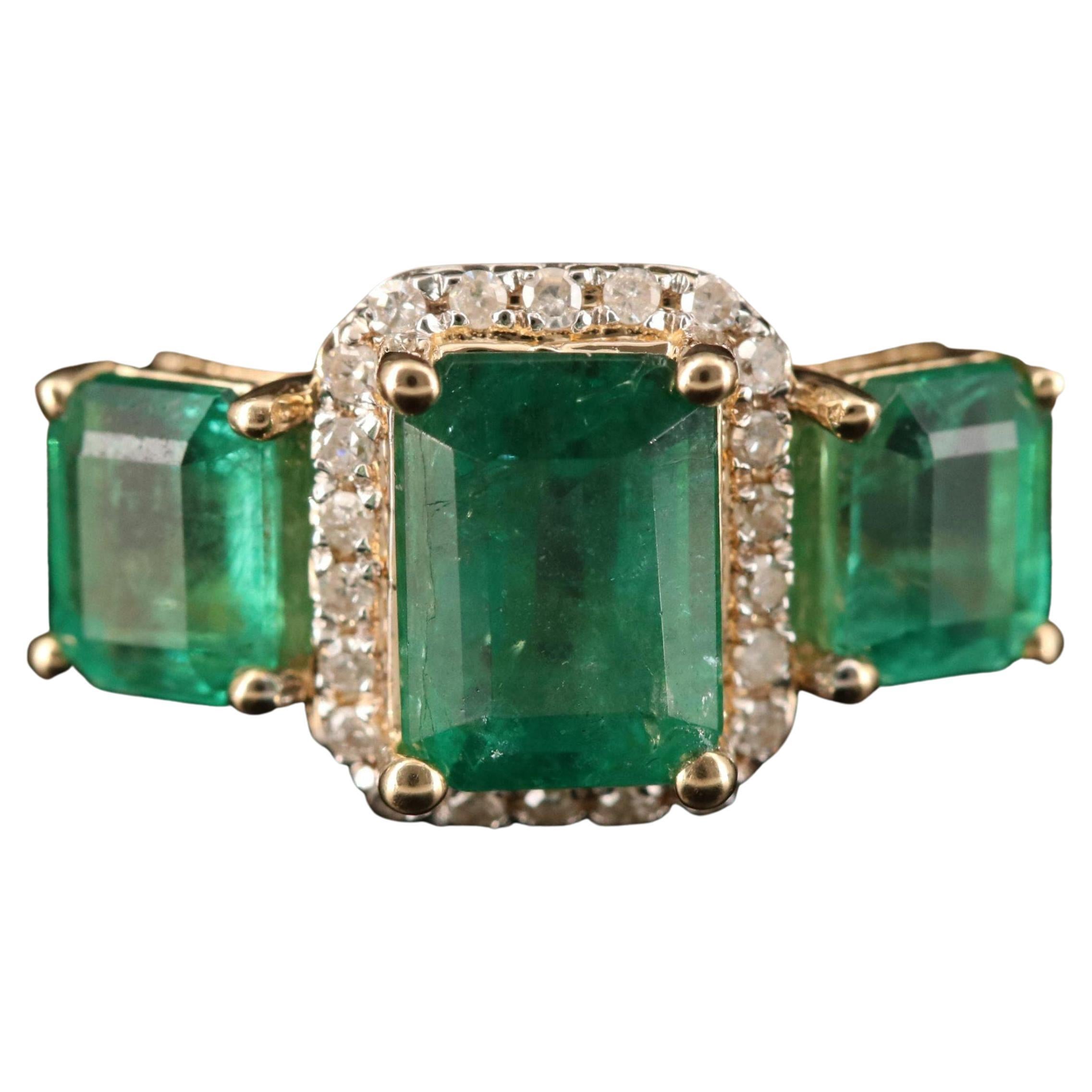 For Sale:  Three Stone Emerald Ring, Emerald Engagement Ring, Vintage Emerald Wedding Ring