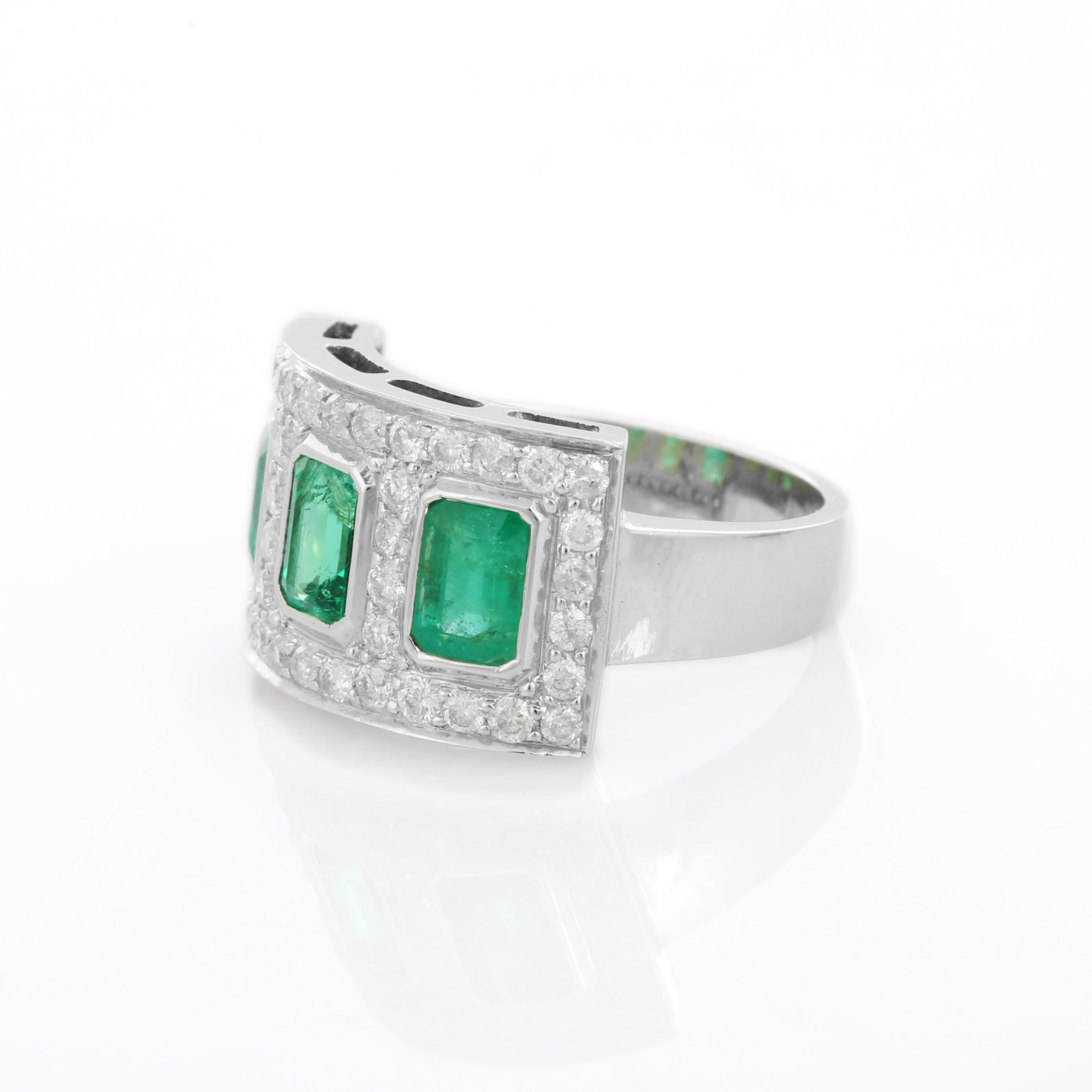 For Sale:  Three Stone Emerald Ring With Diamond in 18K White Gold 4