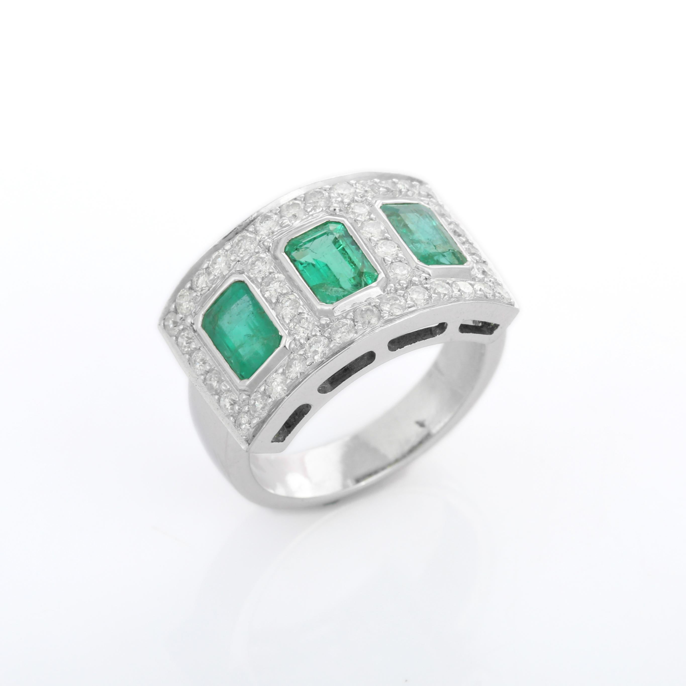 For Sale:  Three Stone Emerald Ring With Diamond in 18K White Gold 6
