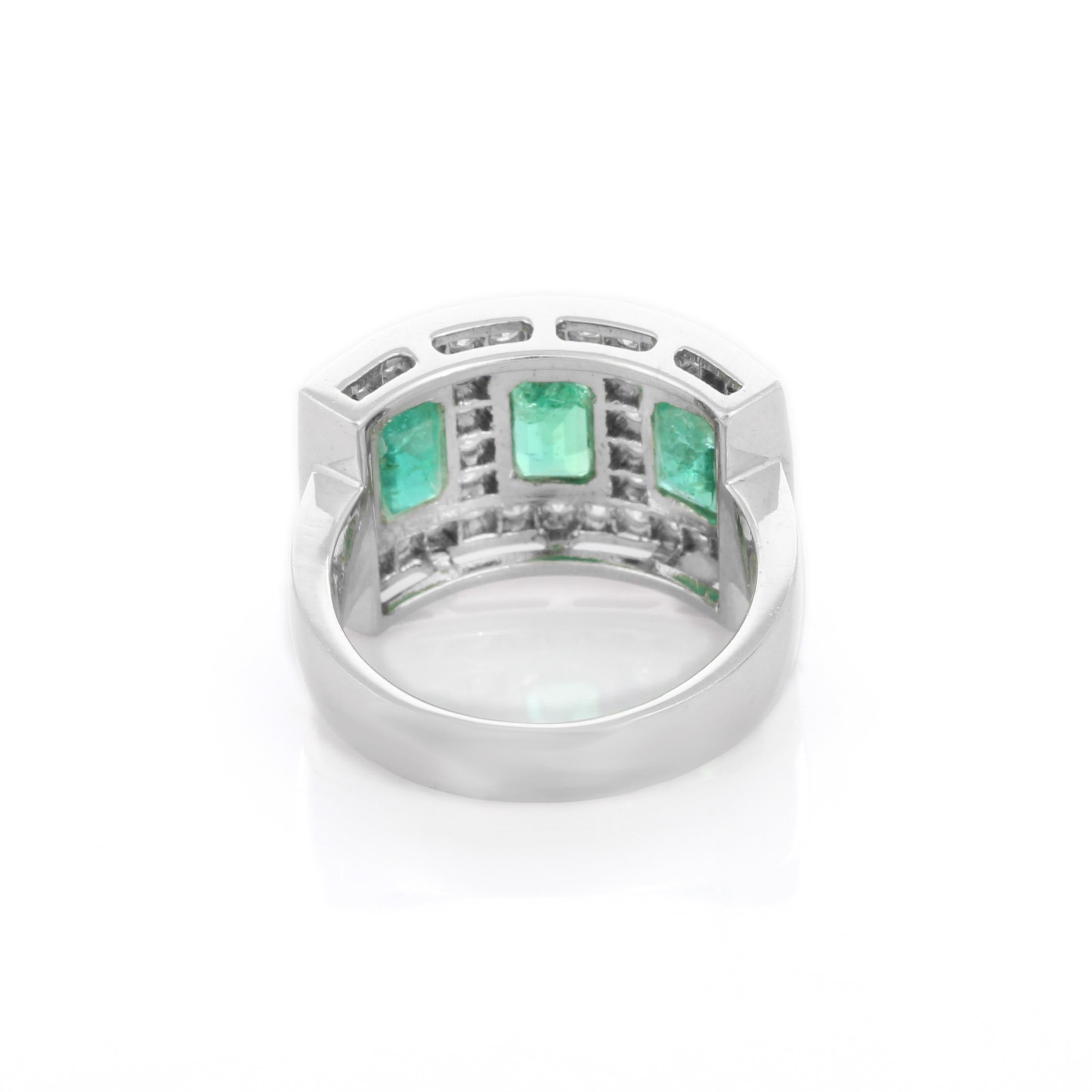 For Sale:  Three Stone Emerald Ring With Diamond in 18K White Gold 8