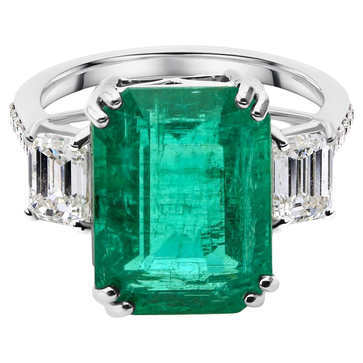 Three Stone Emerald Ring with Diamond Side Stones Cocktail Ring 14k White Gold