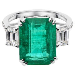 Three Stone Emerald Ring with Diamond Side Stones Cocktail Ring 14k White Gold