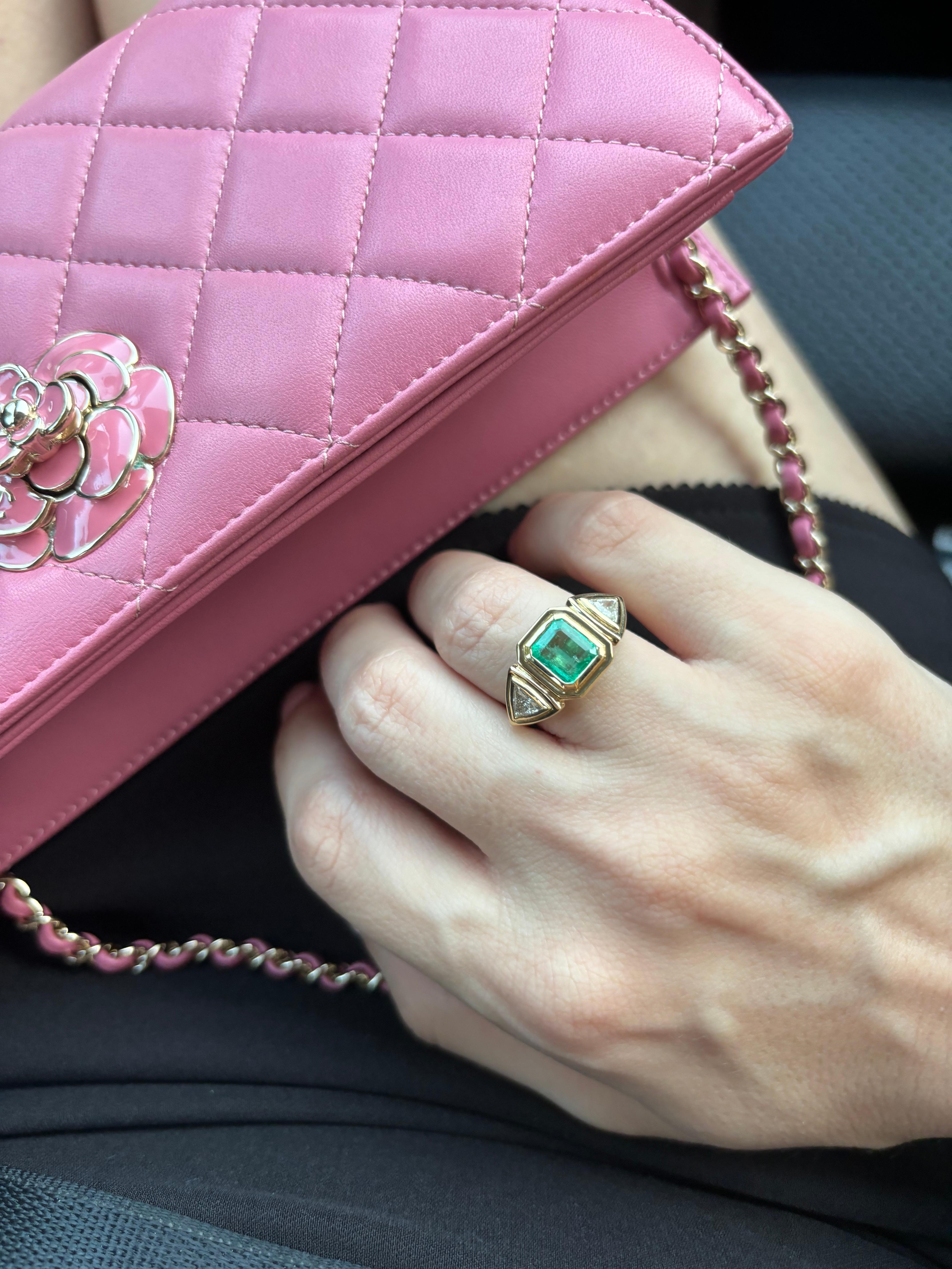Contemporary 0.50ctw Trillion Diamonds, 1.30cts Emerald Ring, 18k gold, by Michelle Massoura