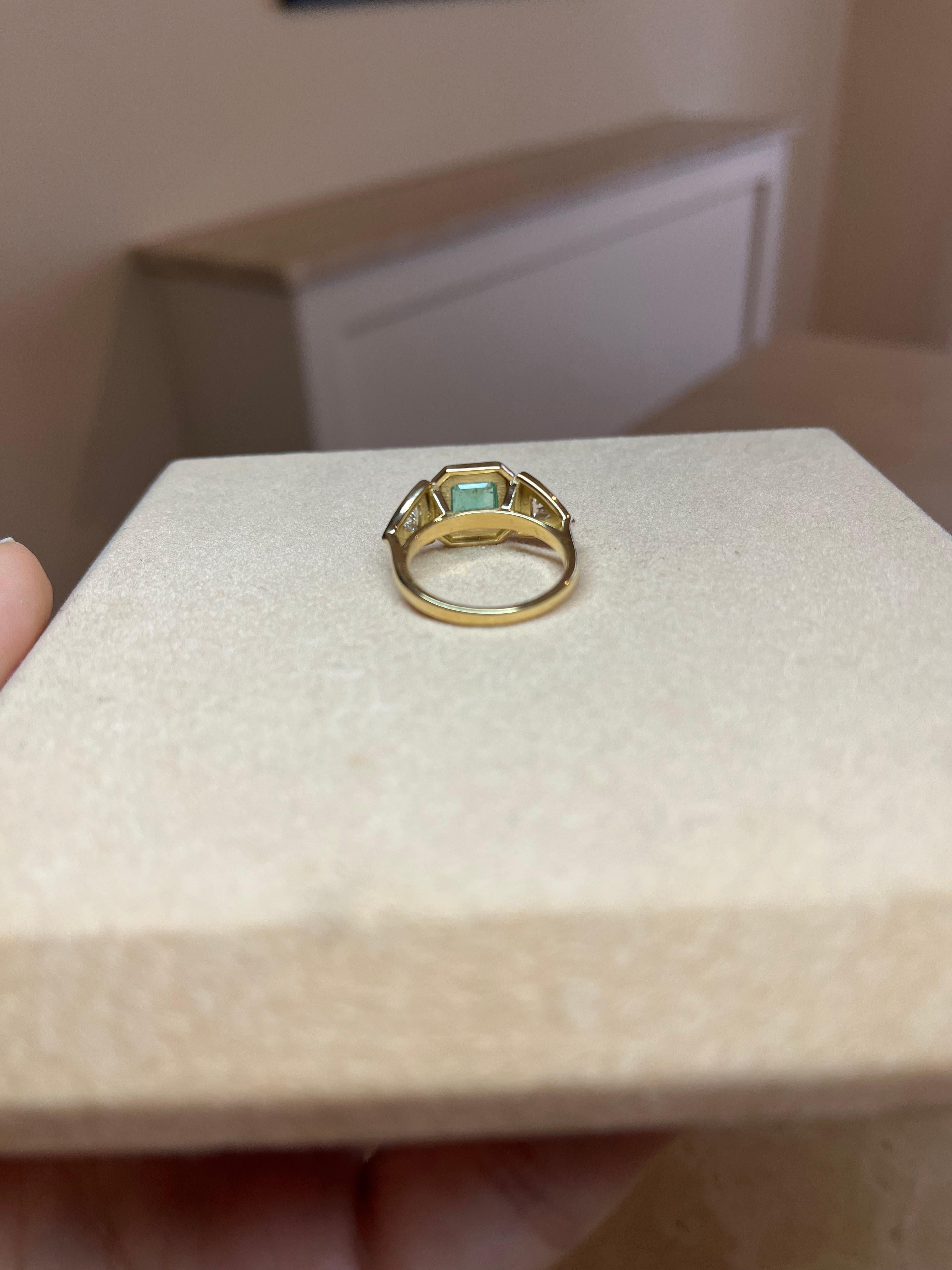 Emerald Cut Three stone emerald ring with trillion diamonds, US Size 7.25, 18k gold
