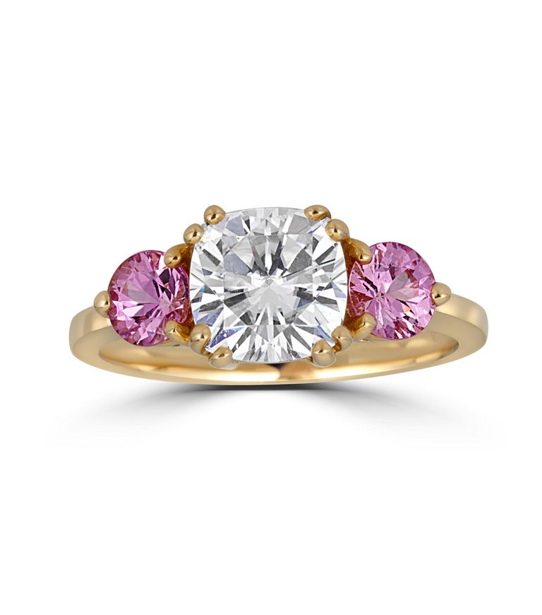 Three-Stone Ring, 14 Karat Gold Cushion Cut Moissanite and Pink ...