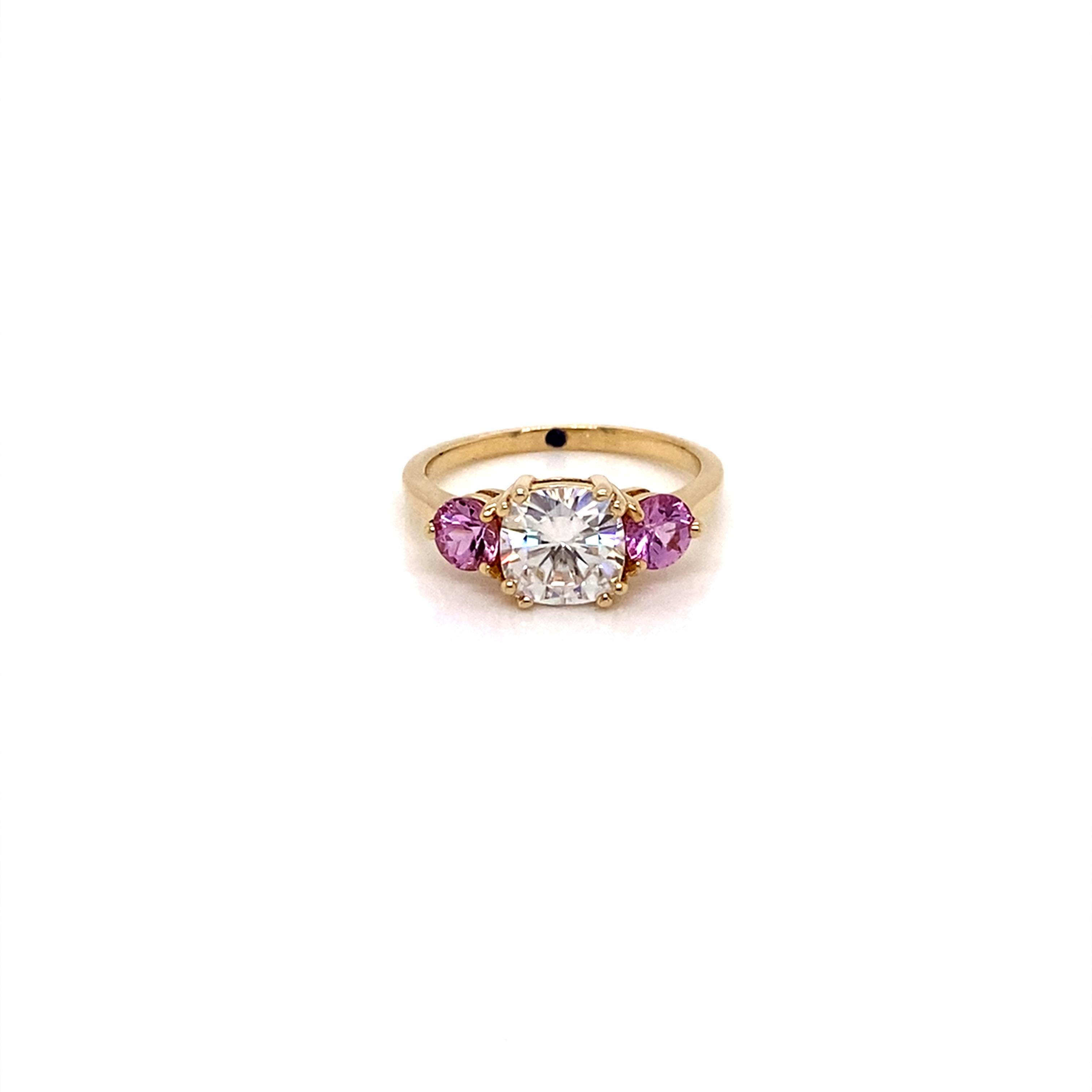Contemporary Three-Stone Ring, 14 Karat Gold Cushion Cut Moissanite and Pink Sapphire