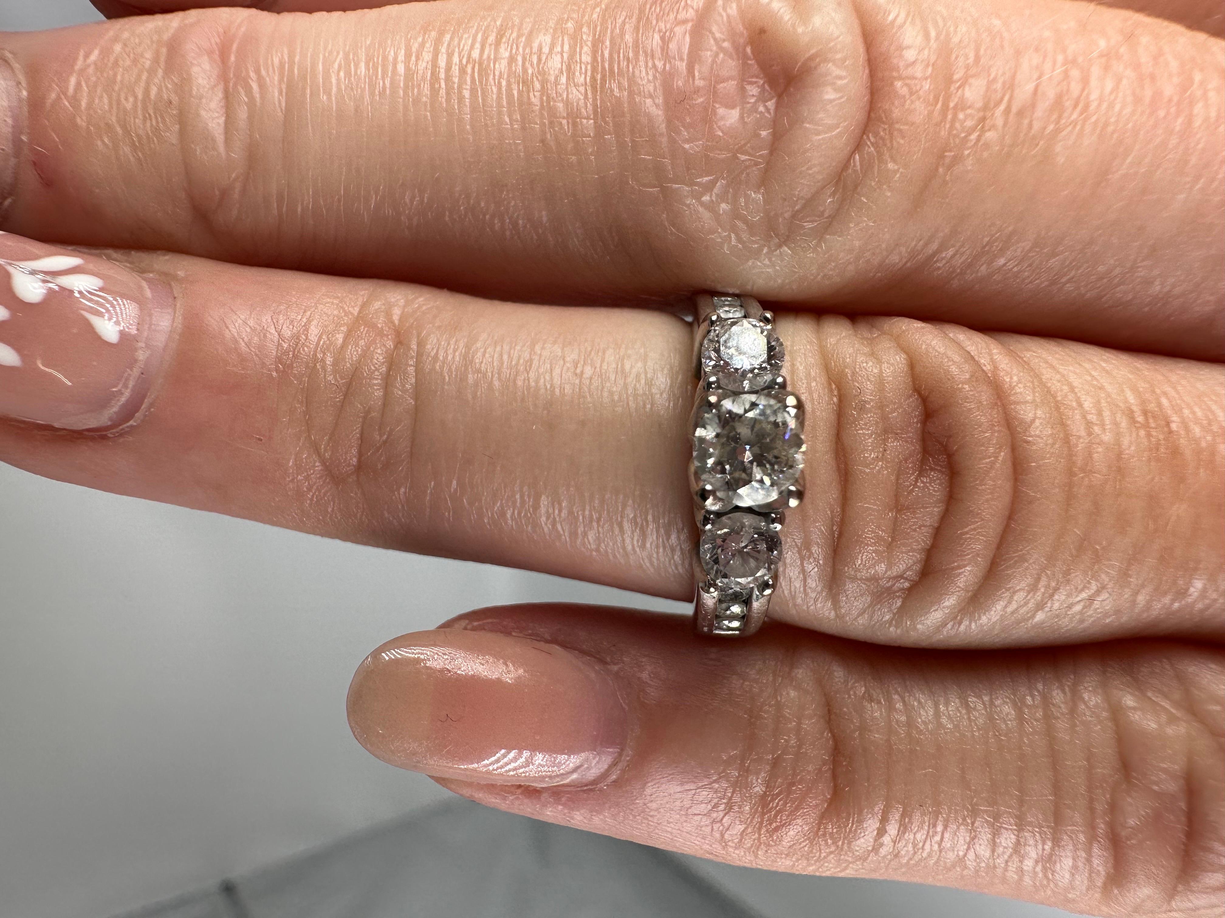 Women's or Men's Three Stone Engagement Ring 14 Karat White Gold Tulip Setting Diamond Ring For Sale