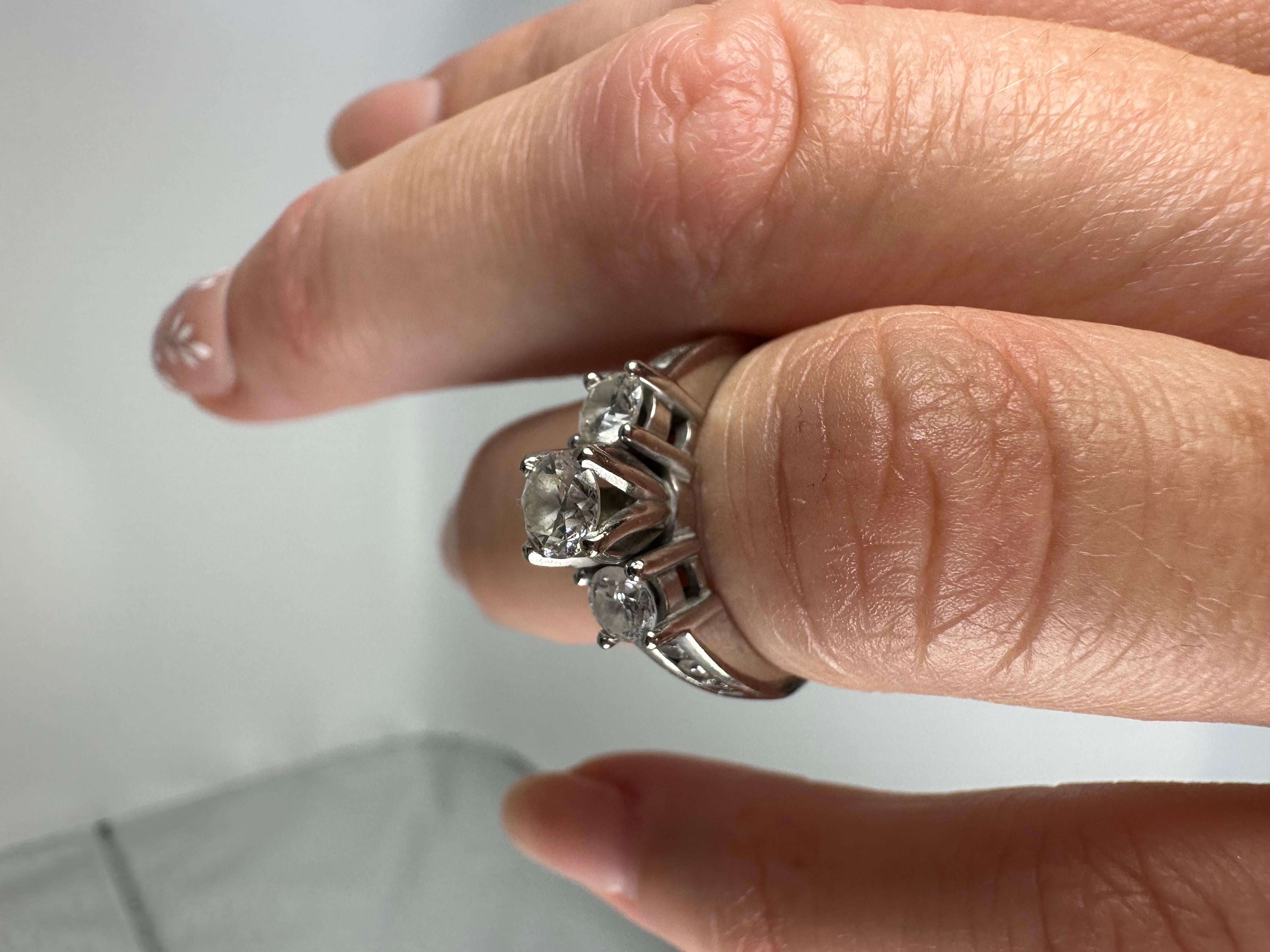 Three Stone Engagement Ring 14 Karat White Gold Tulip Setting Diamond Ring For Sale 1