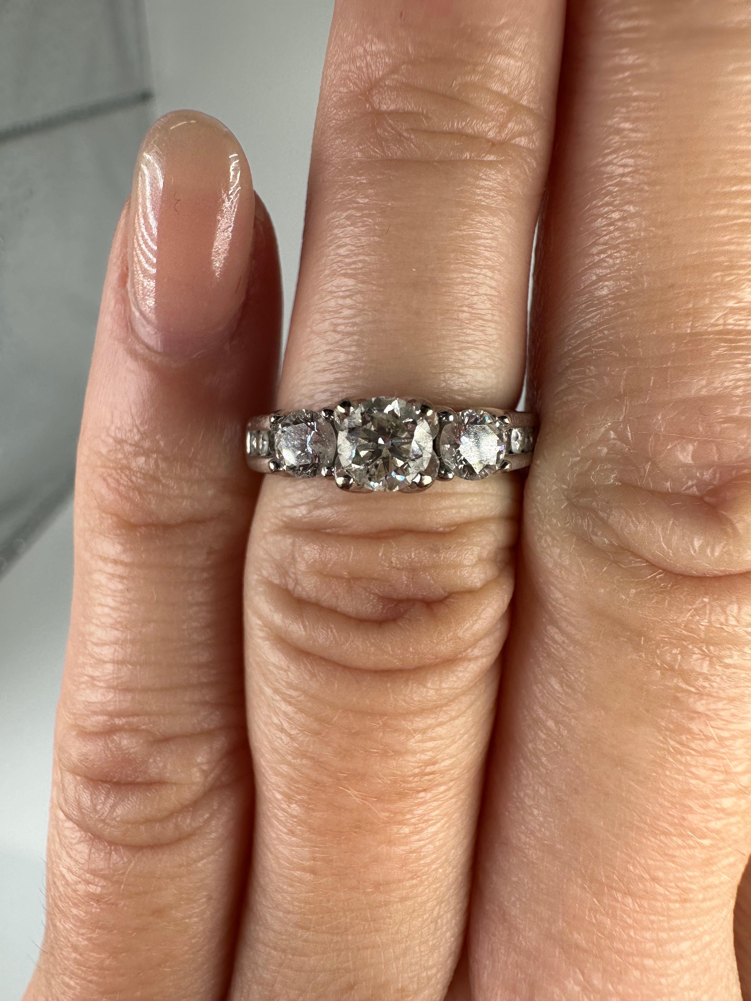 Three Stone Engagement Ring 14 Karat White Gold Tulip Setting Diamond Ring For Sale 3