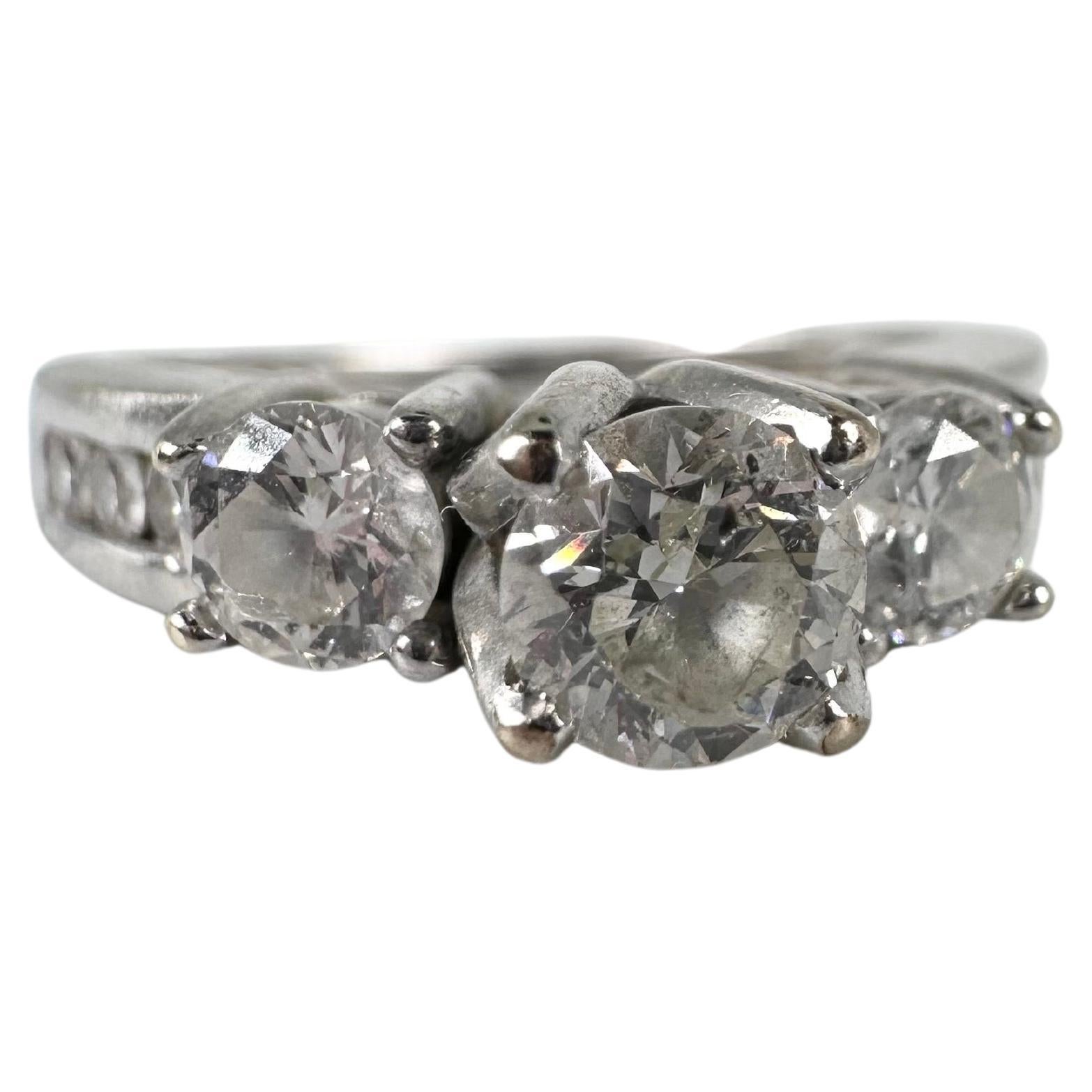 Three Stone Engagement Ring 14 Karat White Gold Tulip Setting Diamond Ring For Sale