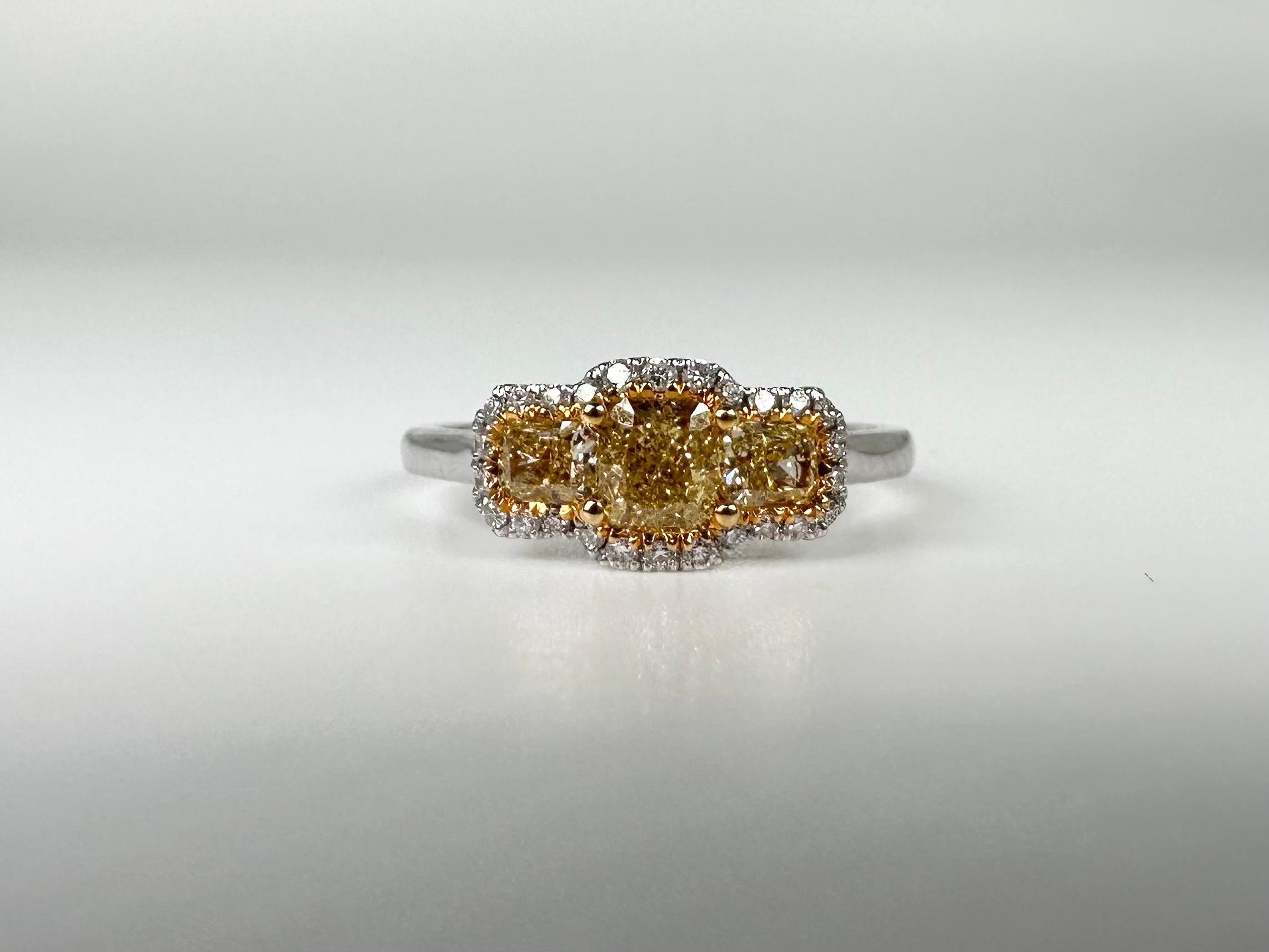 Cushion Cut Three stone engagement ring 18KT gold ring diamond ring fancy yellow ring For Sale