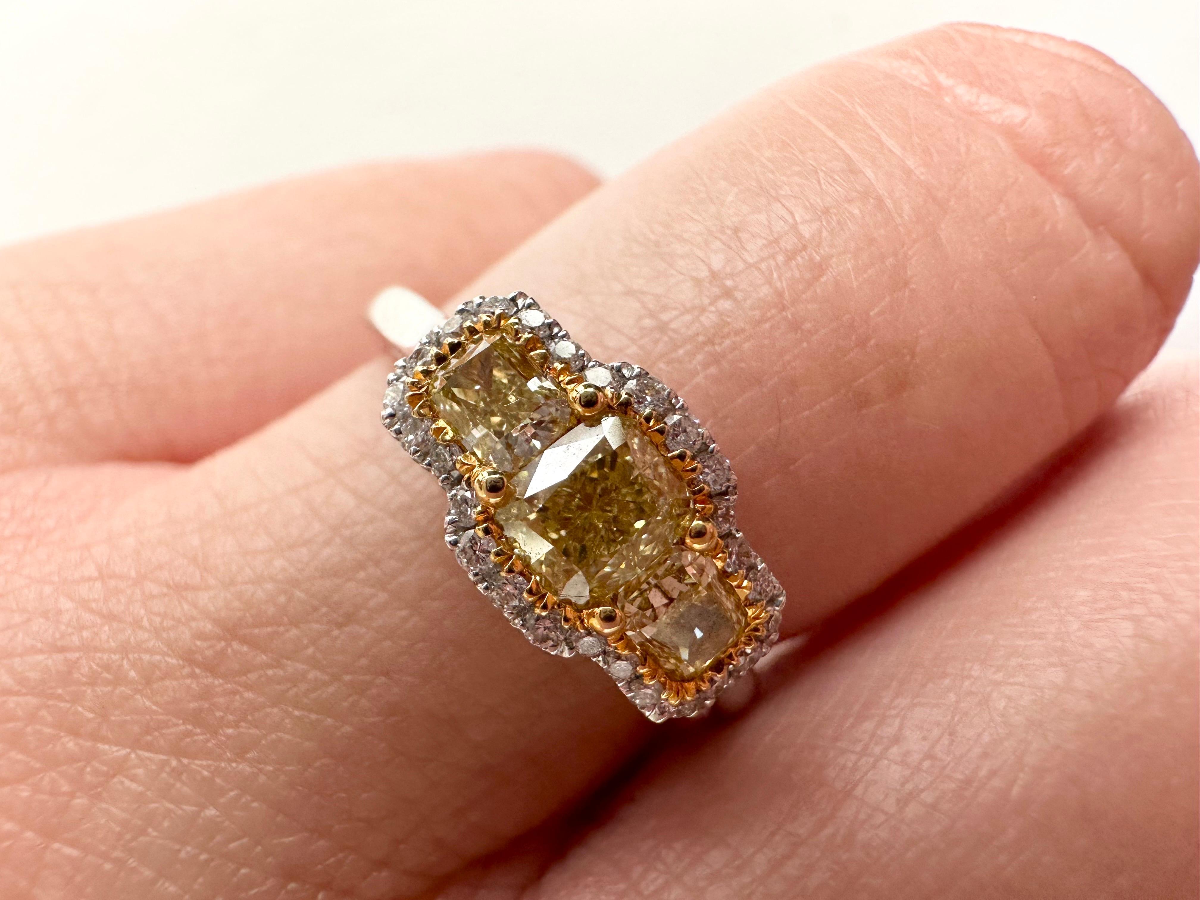 Three stone engagement ring 18KT gold ring diamond ring fancy yellow ring For Sale 1