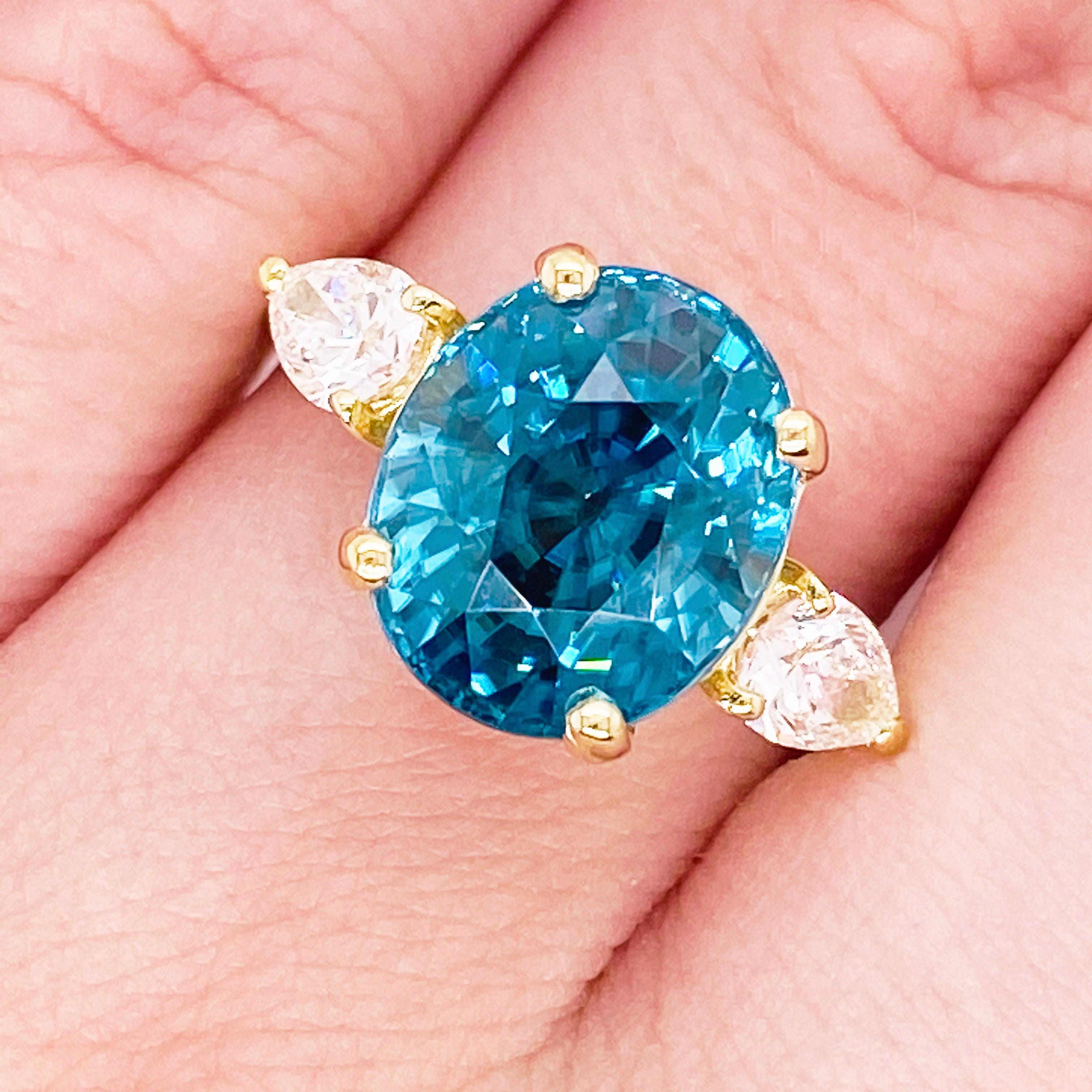 Three Stone Engagement Ring in 14 Karat Gold Three-Stone Blue Zircon 8.45 Carats 2
