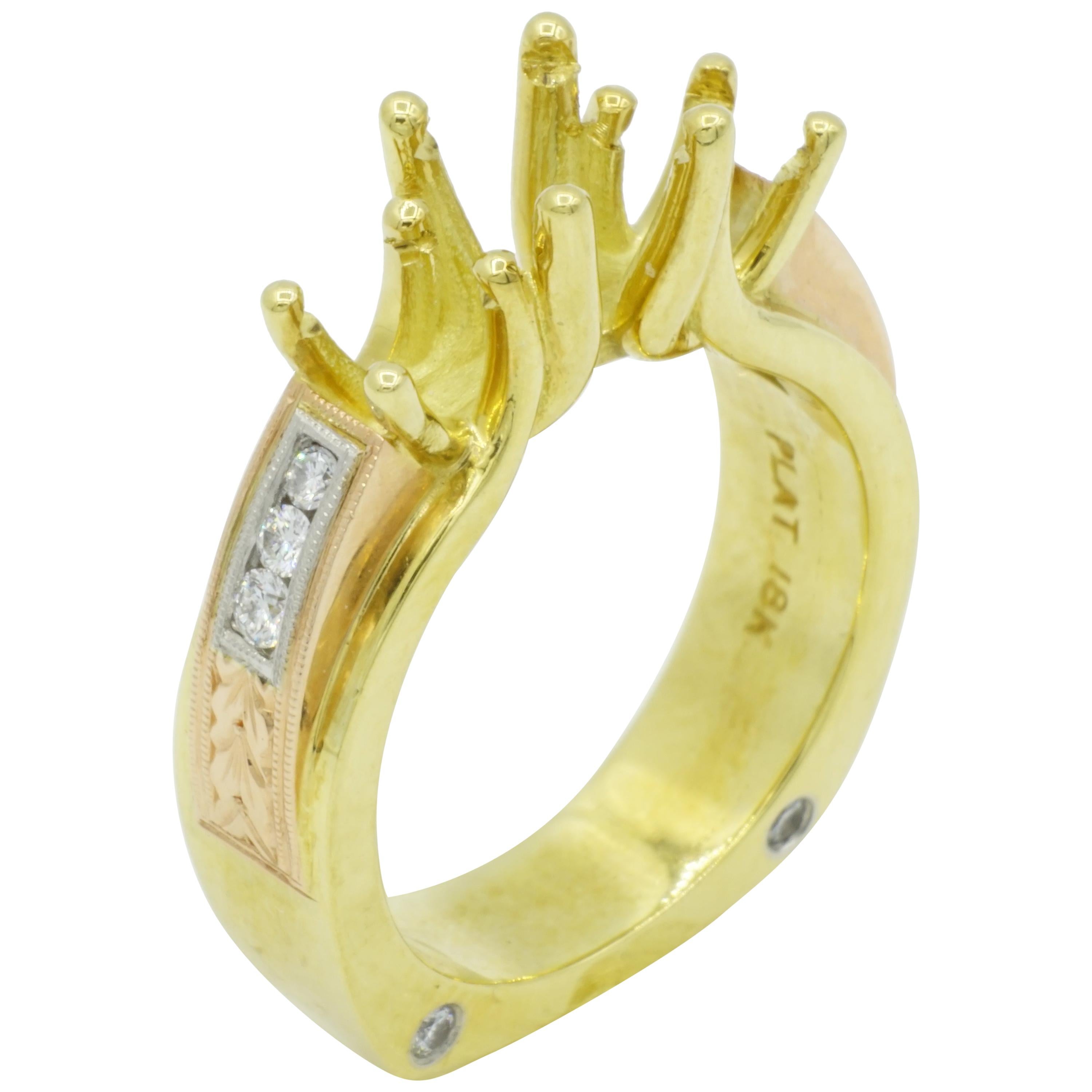 Three-Stone Engagement Ring Tri-Color Platinum 18 Karat Yellow and 18 Karat Gold For Sale
