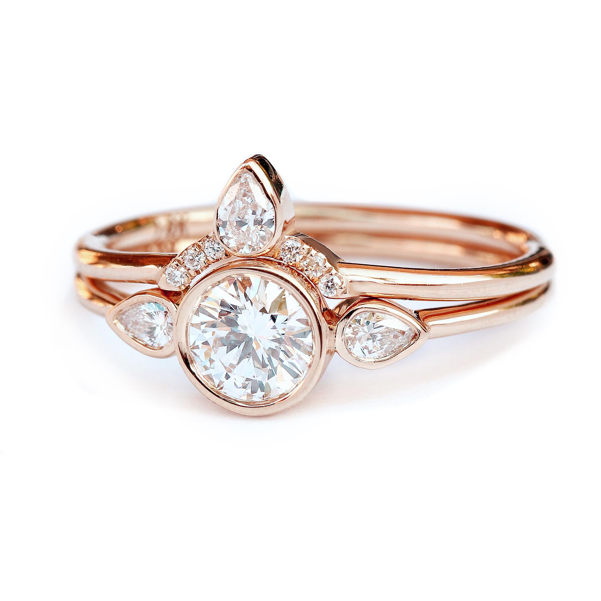 Three stone Engagement Round Diamond Bezel Two Ring Set - 
