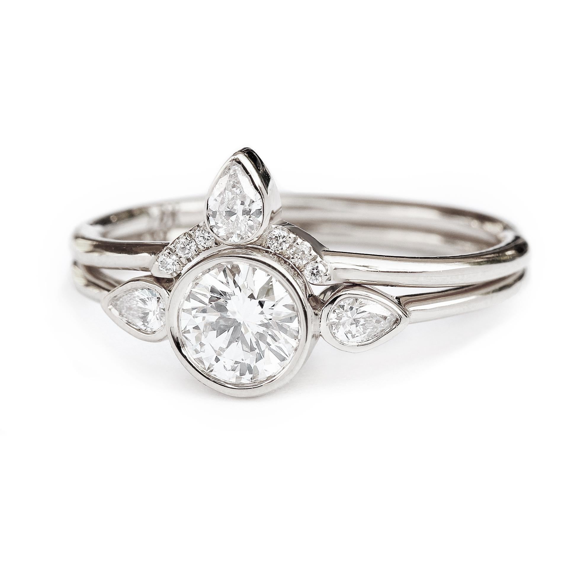 Women's Three stone Engagement Round Diamond Bezel Two Ring Set - 