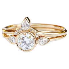 Three stone Engagement Round Moissanite Bezel Minimalist Two Ring Set - "Kiss"