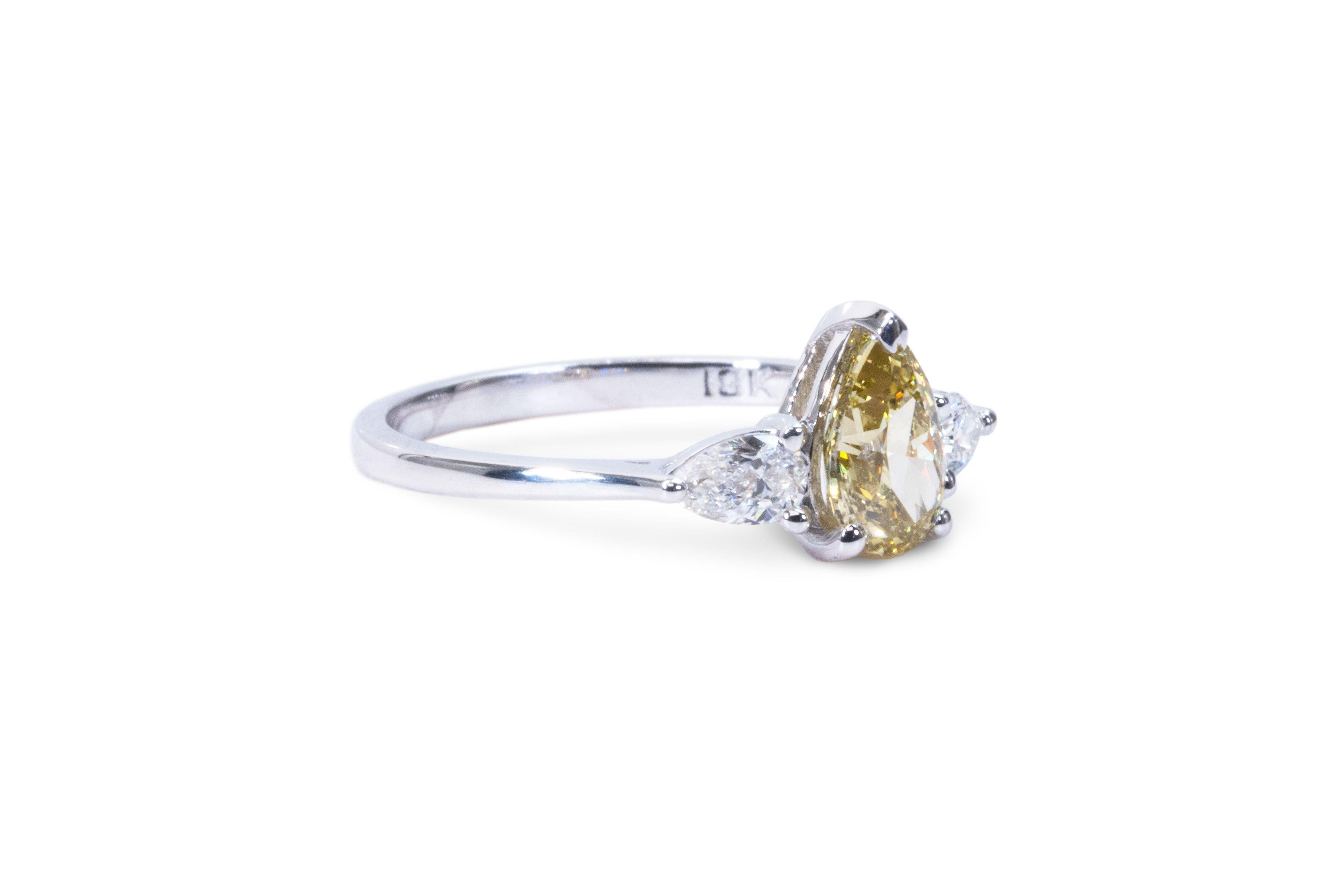 Pear Cut Three Stone Fancy Color 18K Ring with 0.91 ct Natural Pear Diamonds - GIA Cert