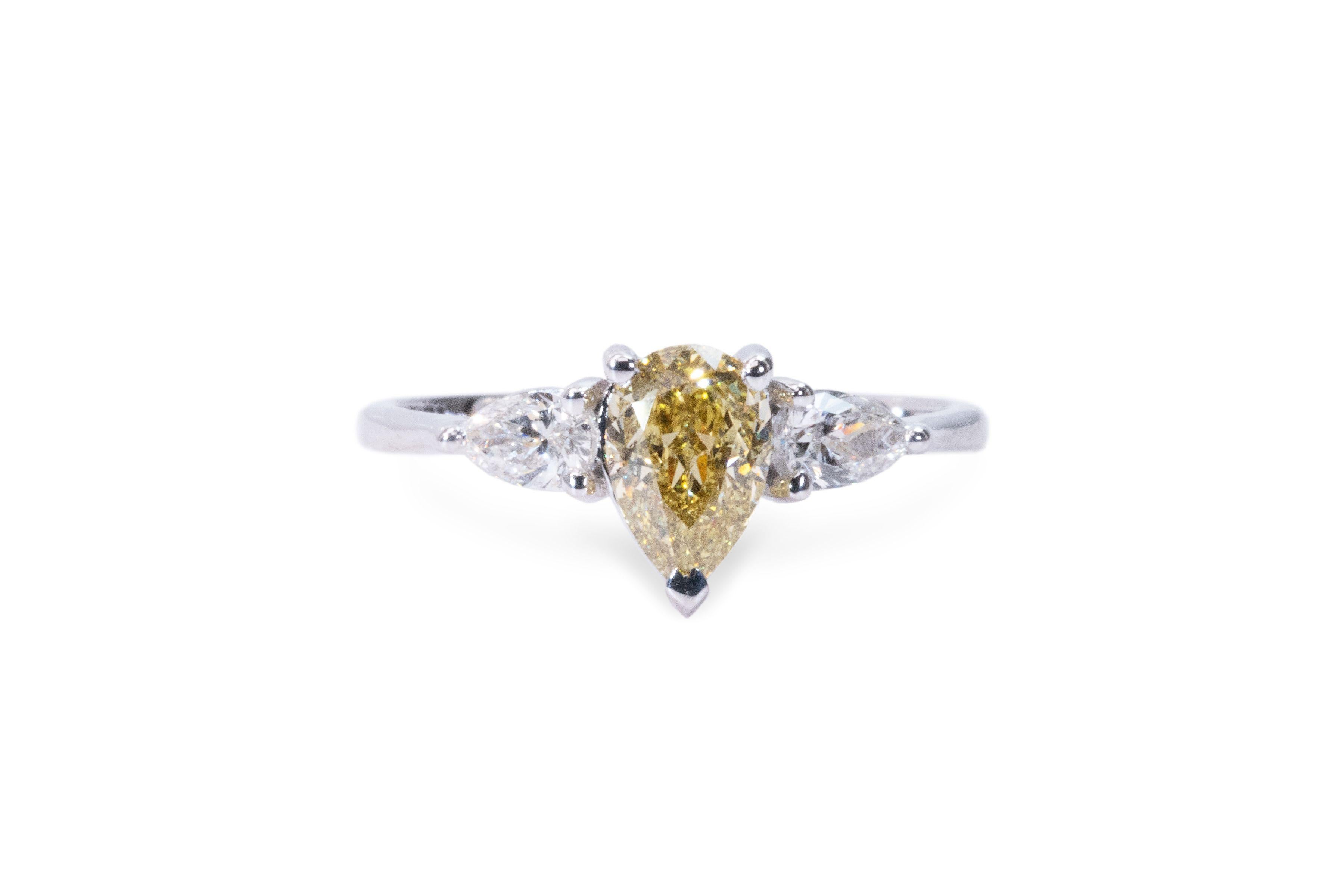 Three Stone Fancy Color 18K Ring with 0.91 ct Natural Pear Diamonds - GIA Cert 1