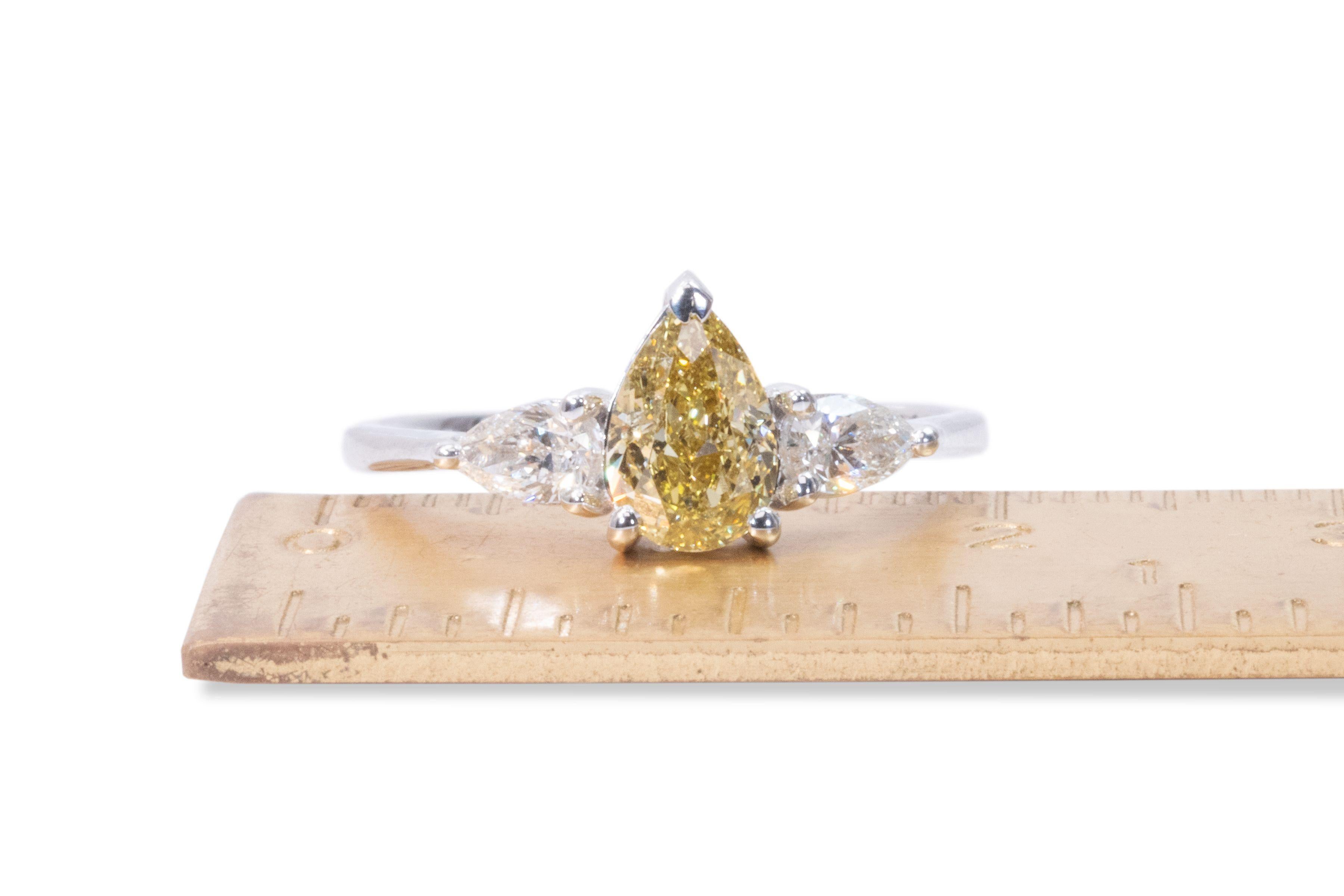 Three Stone Fancy Color 18K Ring with 0.91 ct Natural Pear Diamonds - GIA Cert 2