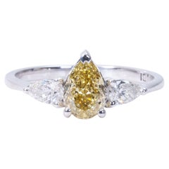 Three Stone Fancy Color 18K Ring with 0.91 ct Natural Pear Diamonds - GIA Cert