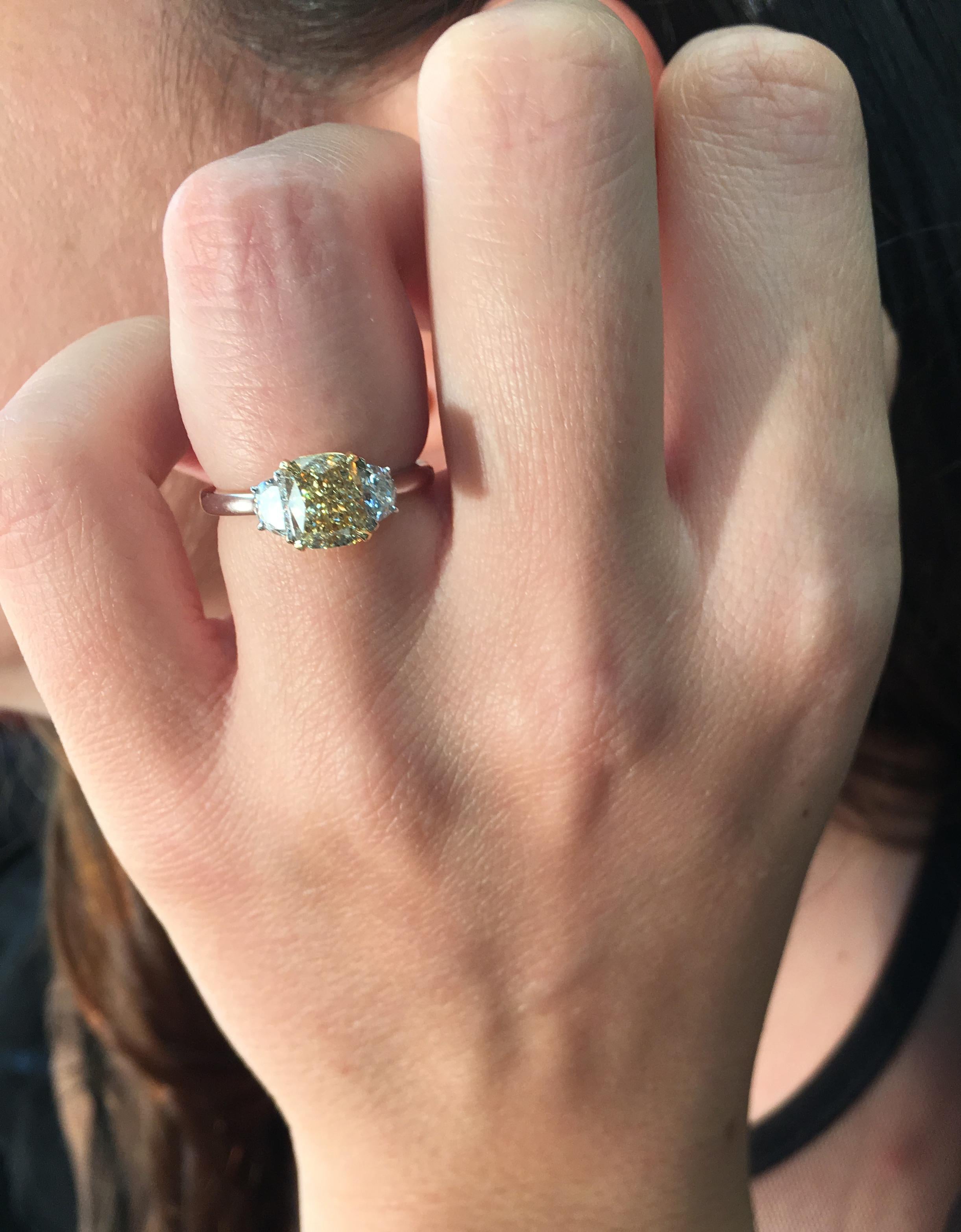 Cushion Cut Three-Stone Fancy Yellow Diamond Engagement Ring 1.95 Carat