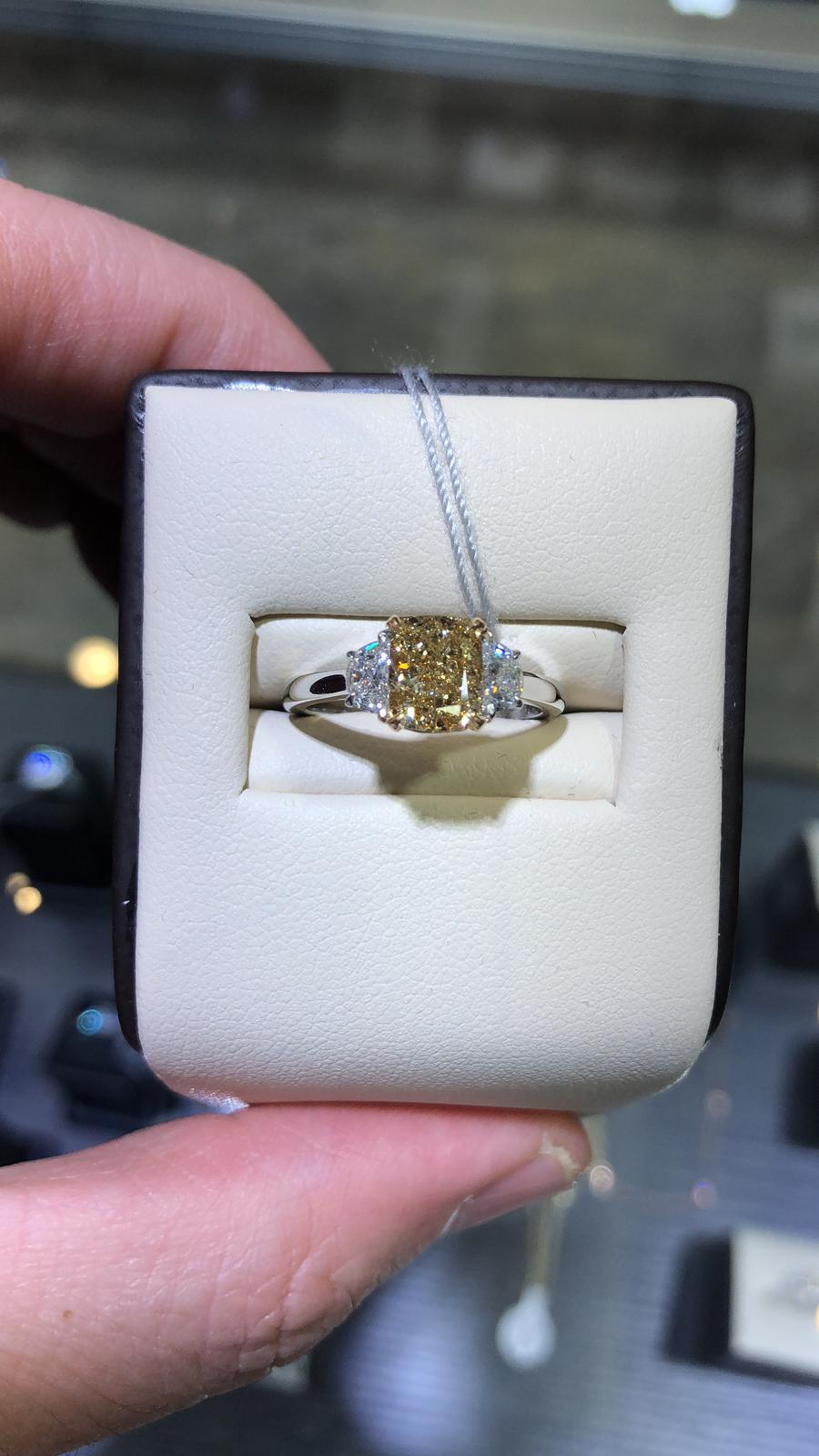 Women's Three-Stone Fancy Yellow Diamond Engagement Ring 1.95 Carat