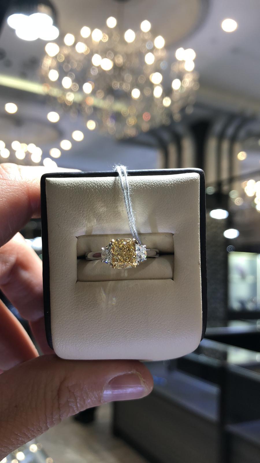 Three-Stone Fancy Yellow Diamond Engagement Ring 1.95 Carat 1