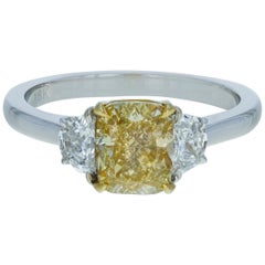 Three-Stone Fancy Yellow Diamond Engagement Ring 1.95 Carat