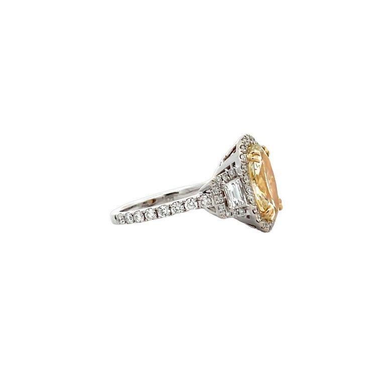 Oval Cut Three Stone Fancy Yellow Diamond Ring 2.48ct D1.10ct 18k WG   For Sale
