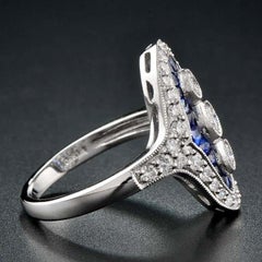 Three Stone French Cut Diamond with Blue Sapphire Cocktail Vintage Style Ring