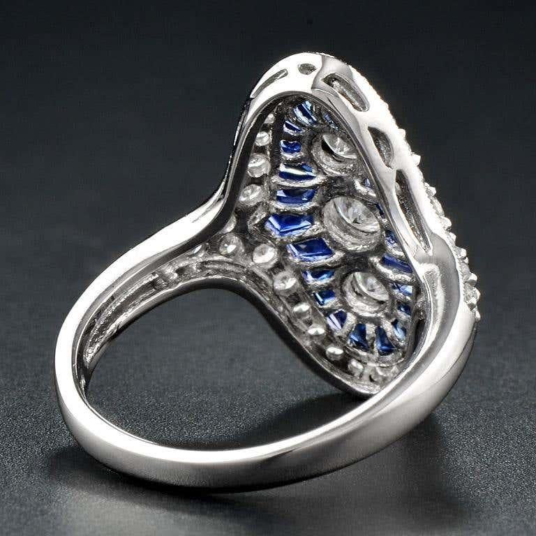 Art Deco Three Stone French Cut Diamond with Blue Sapphire Cocktail Vintage Style Ring For Sale
