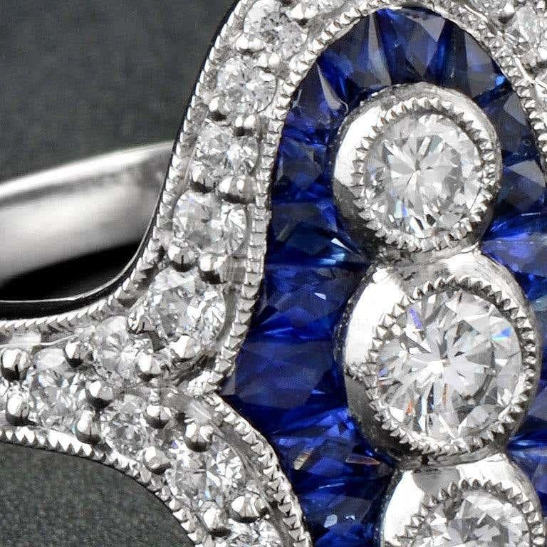 Three Stone French Cut Diamond with Blue Sapphire Cocktail Vintage Style Ring In New Condition For Sale In Oakton, VA