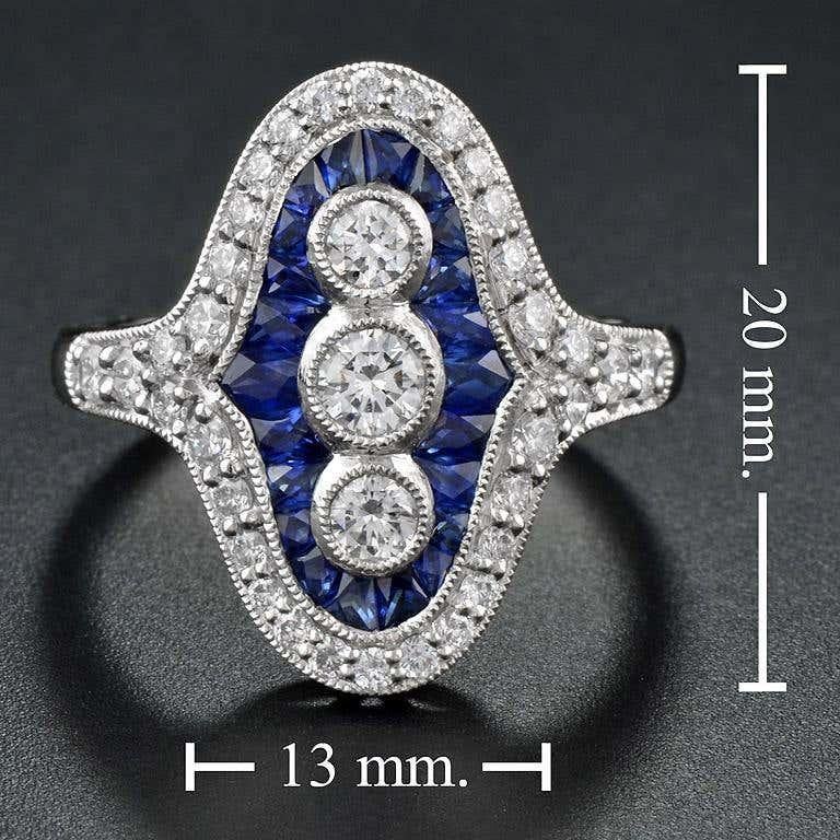 Three Stone French Cut Diamond with Blue Sapphire Cocktail Vintage Style Ring For Sale 1