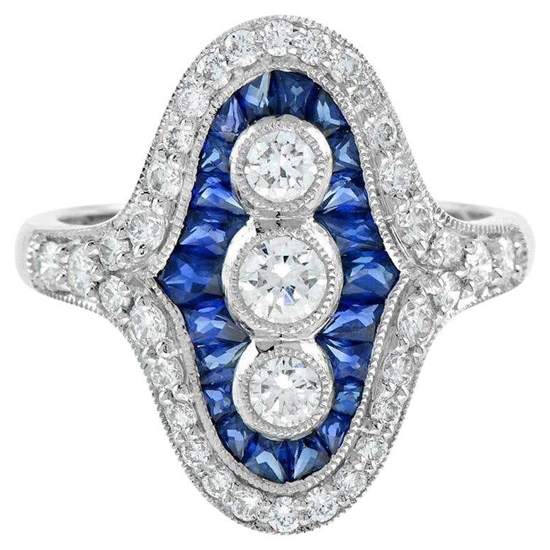 Three Stone French Cut Diamond with Blue Sapphire Cocktail Vintage Style Ring For Sale