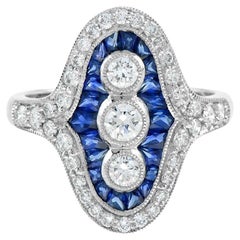 Three Stone French Cut Diamond with Blue Sapphire Cocktail Vintage Style Ring