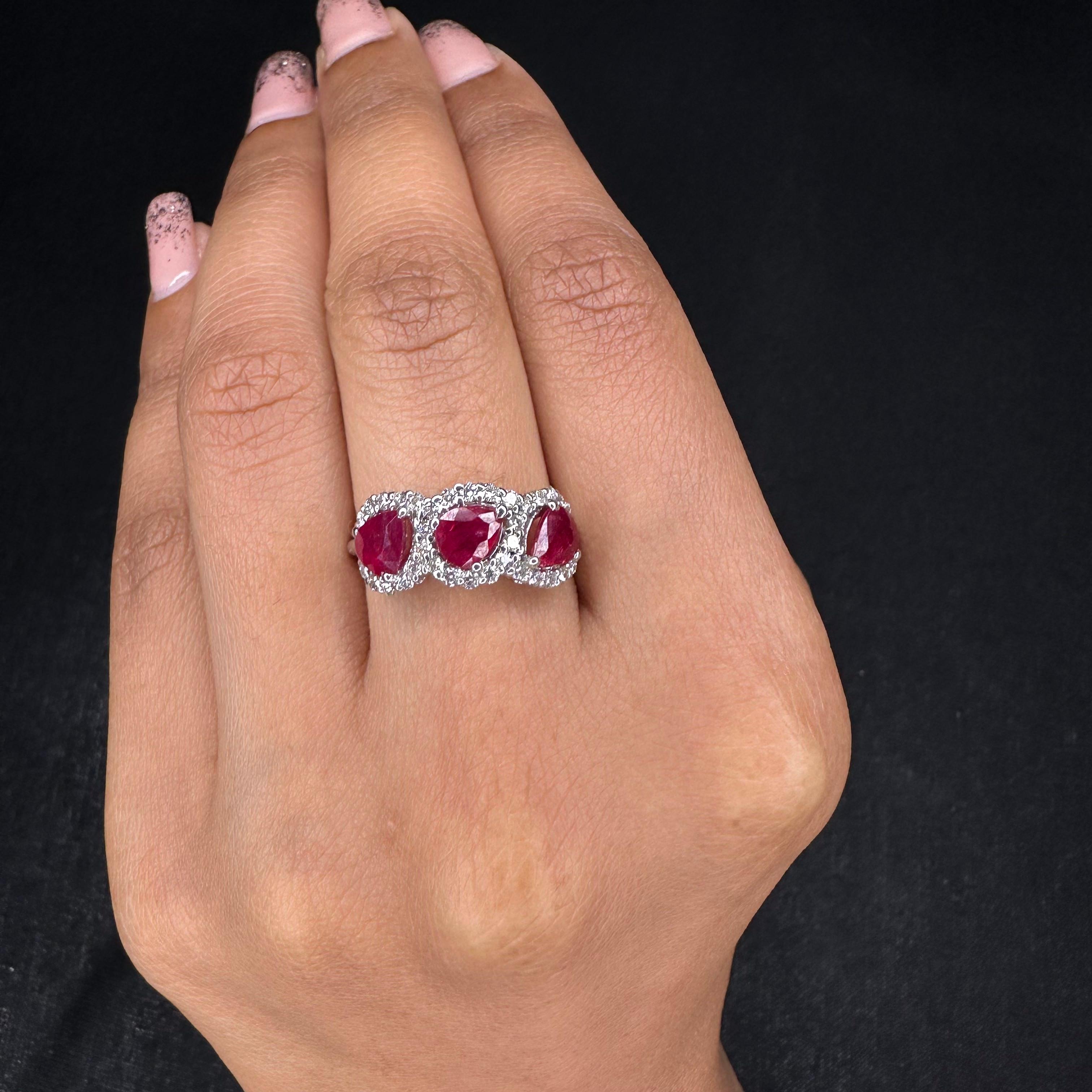 For Sale:  Three Stone Real Ruby Engagement Ring in 18k Solid White Gold with Diamonds 11
