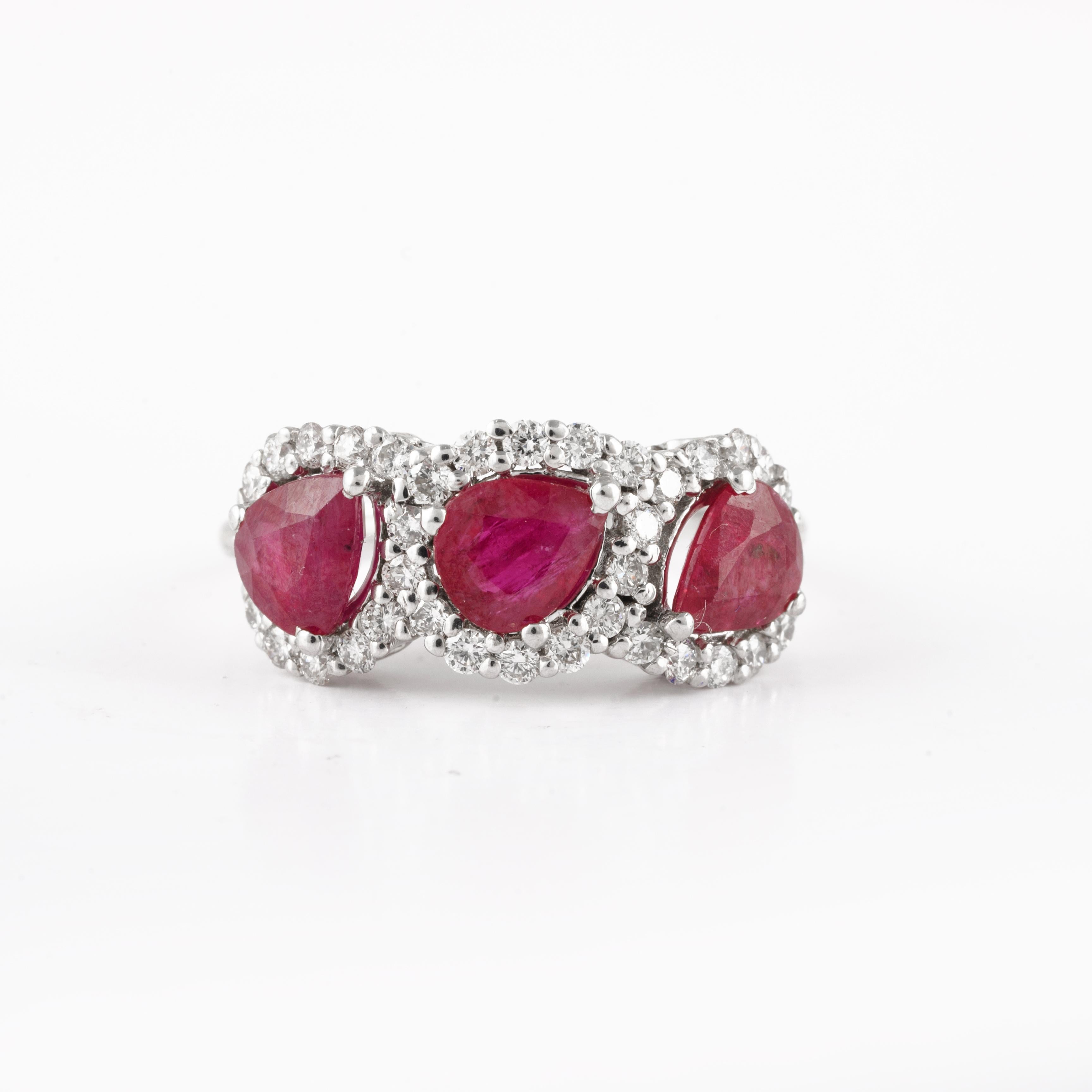 For Sale:  Three Stone Real Ruby Engagement Ring in 18k Solid White Gold with Diamonds 2