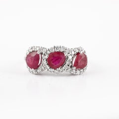 Three Stone Real Ruby Engagement Ring in 18k Solid White Gold with Diamonds
