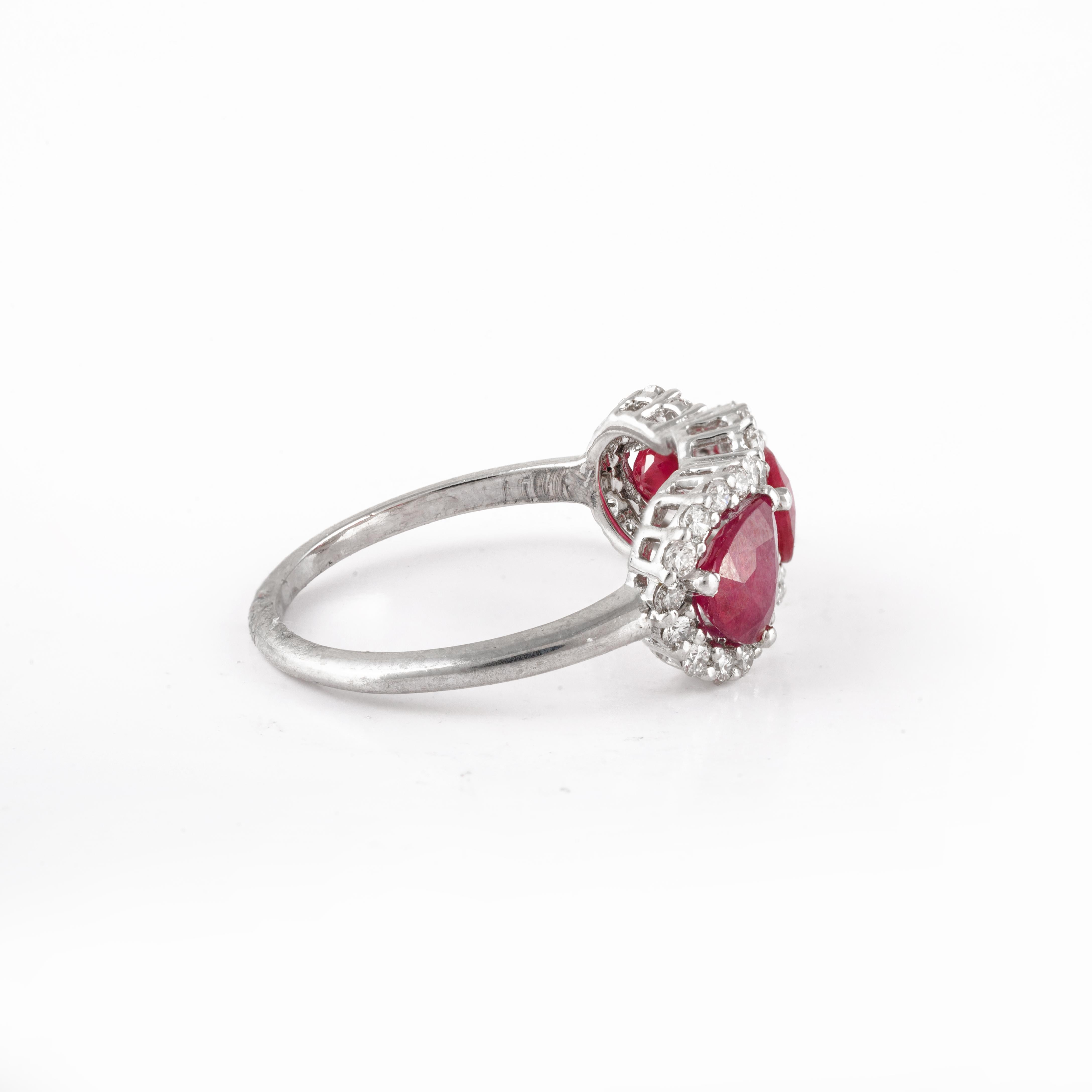 For Sale:  Three Stone Real Ruby Engagement Ring in 18k Solid White Gold with Diamonds 4