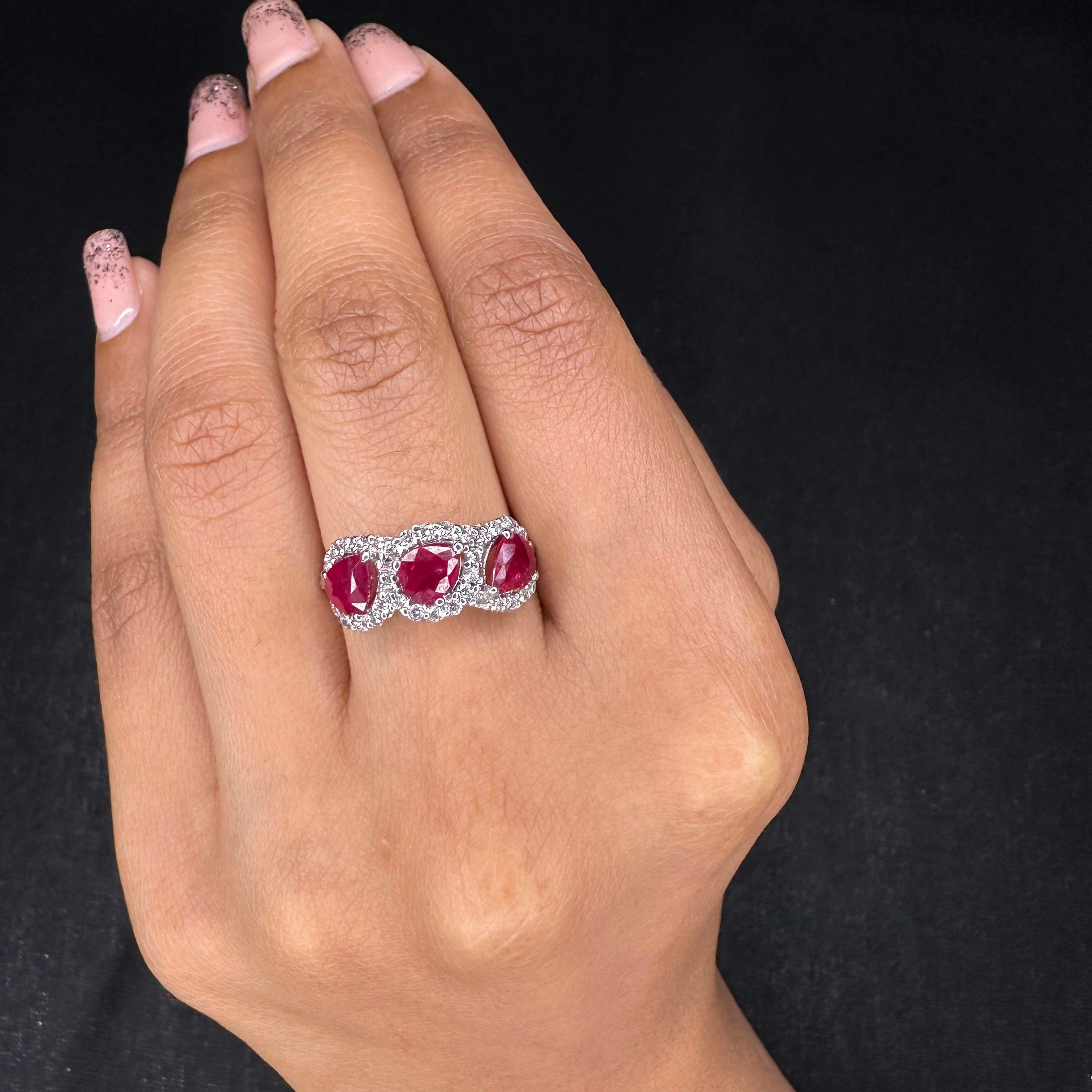 For Sale:  Three Stone Real Ruby Engagement Ring in 18k Solid White Gold with Diamonds 3