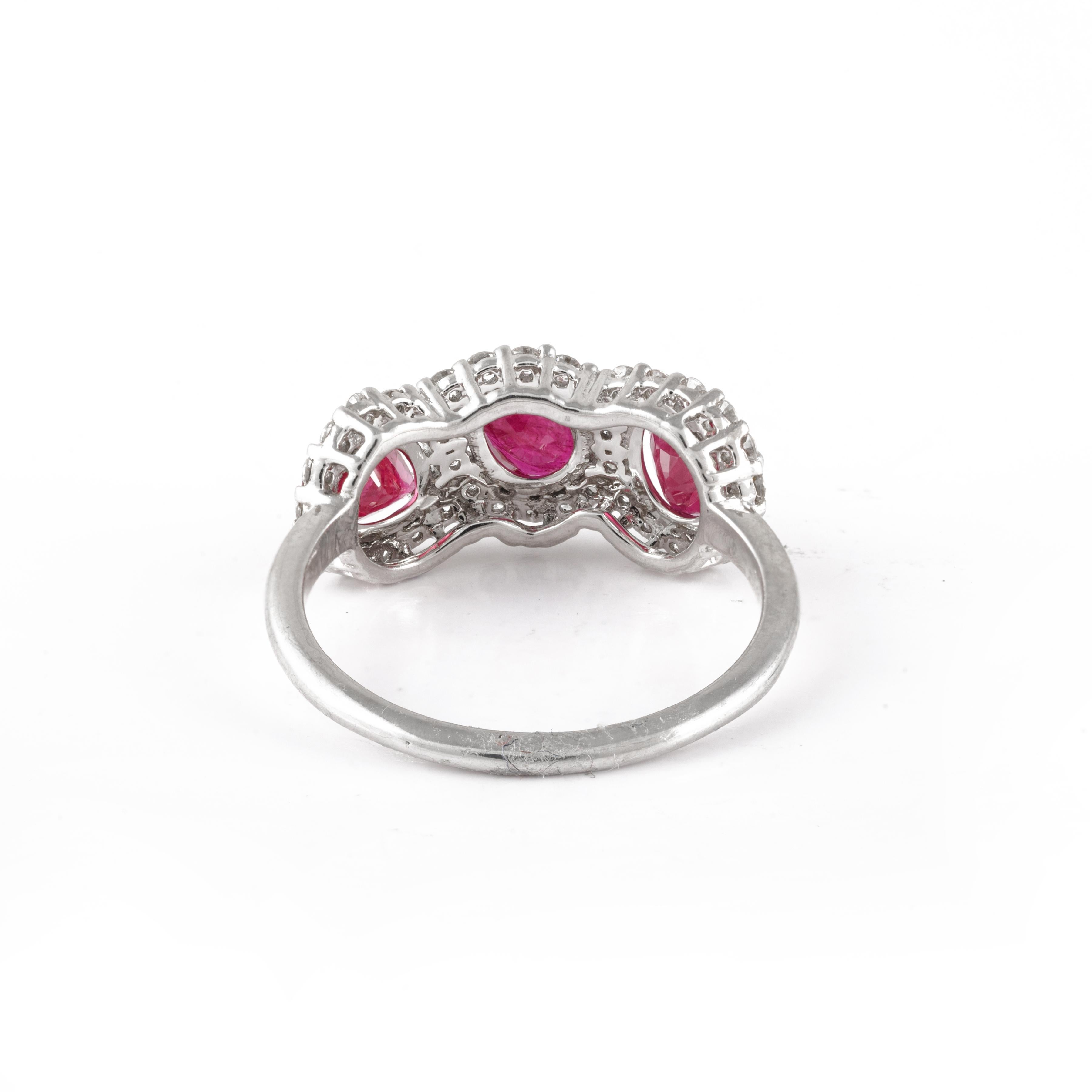 For Sale:  Three Stone Real Ruby Engagement Ring in 18k Solid White Gold with Diamonds 6