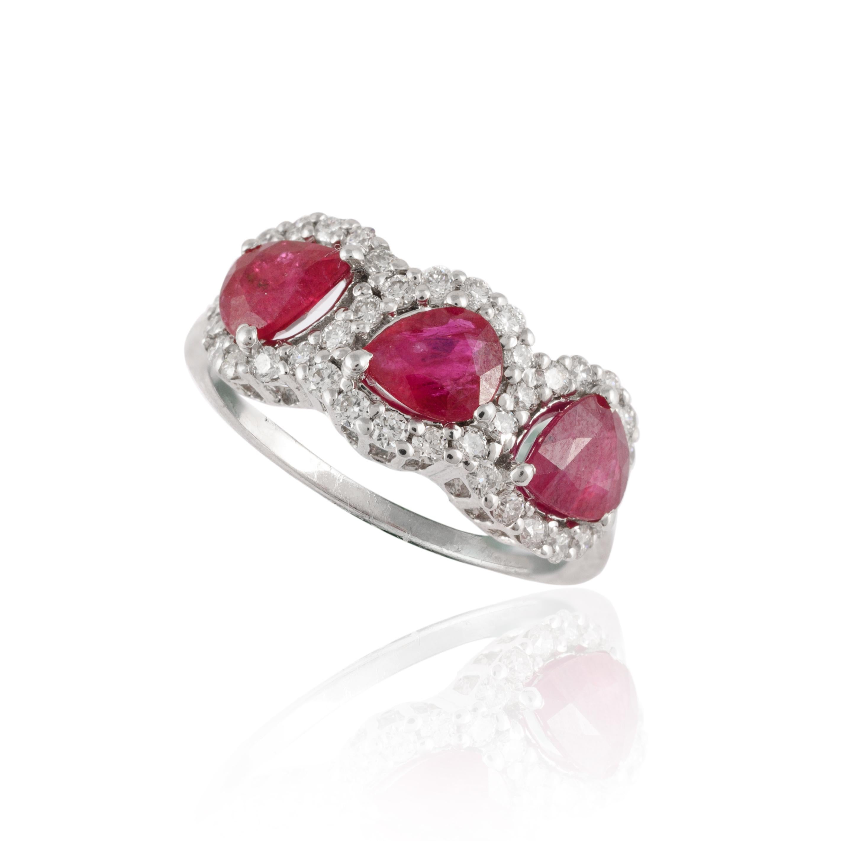 For Sale:  Three Stone Real Ruby Engagement Ring in 18k Solid White Gold with Diamonds 8