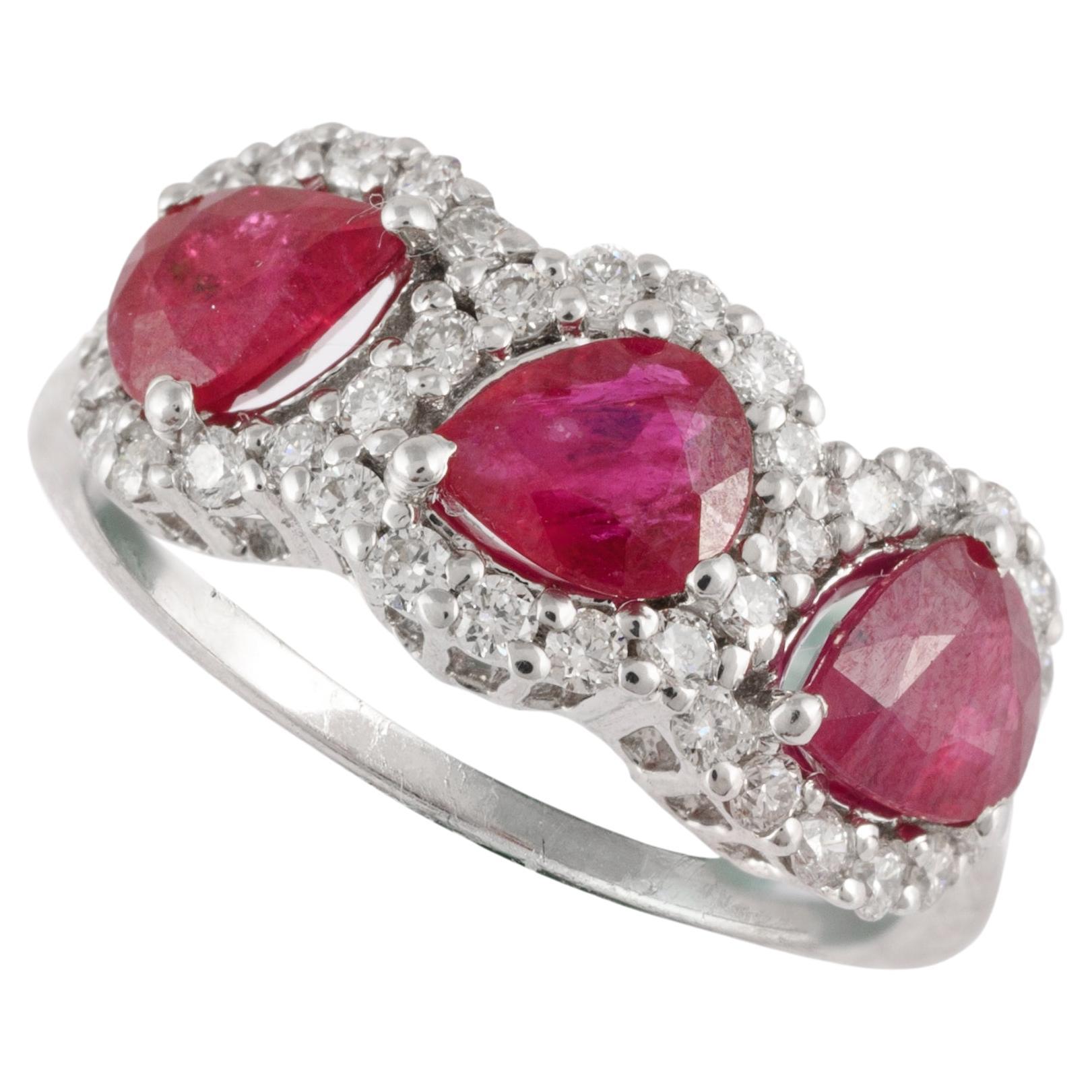 For Sale:  Three Stone Real Ruby Engagement Ring in 18k Solid White Gold with Diamonds