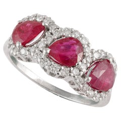 Three Stone Real Ruby Engagement Ring in 18k Solid White Gold with Diamonds